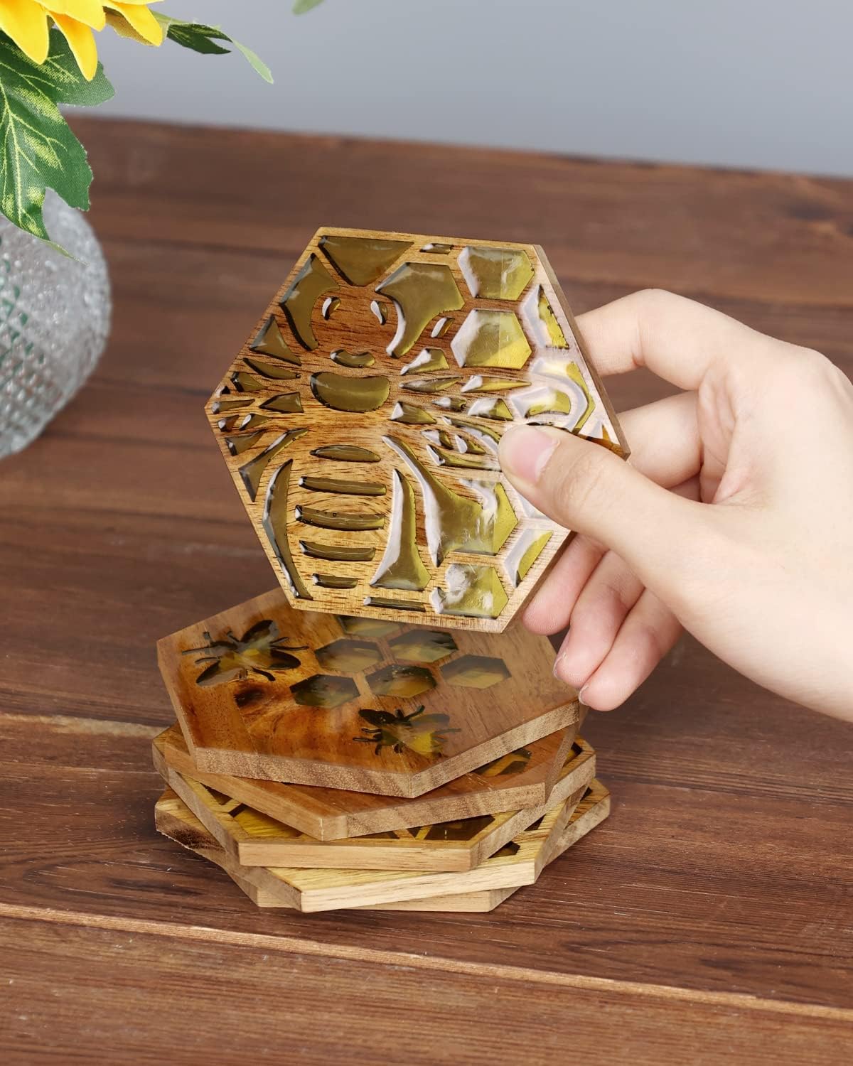 Bee Resin Wood Coaster Set of 6 Honeycomb Wooden Epoxy Resin Drink Coasters for Cold Drinks Wine Glasses Beverage Mugs Bee Themed Cup Mats for Kitchen Dining Coffe Table Gift for Her/Him - Image 4