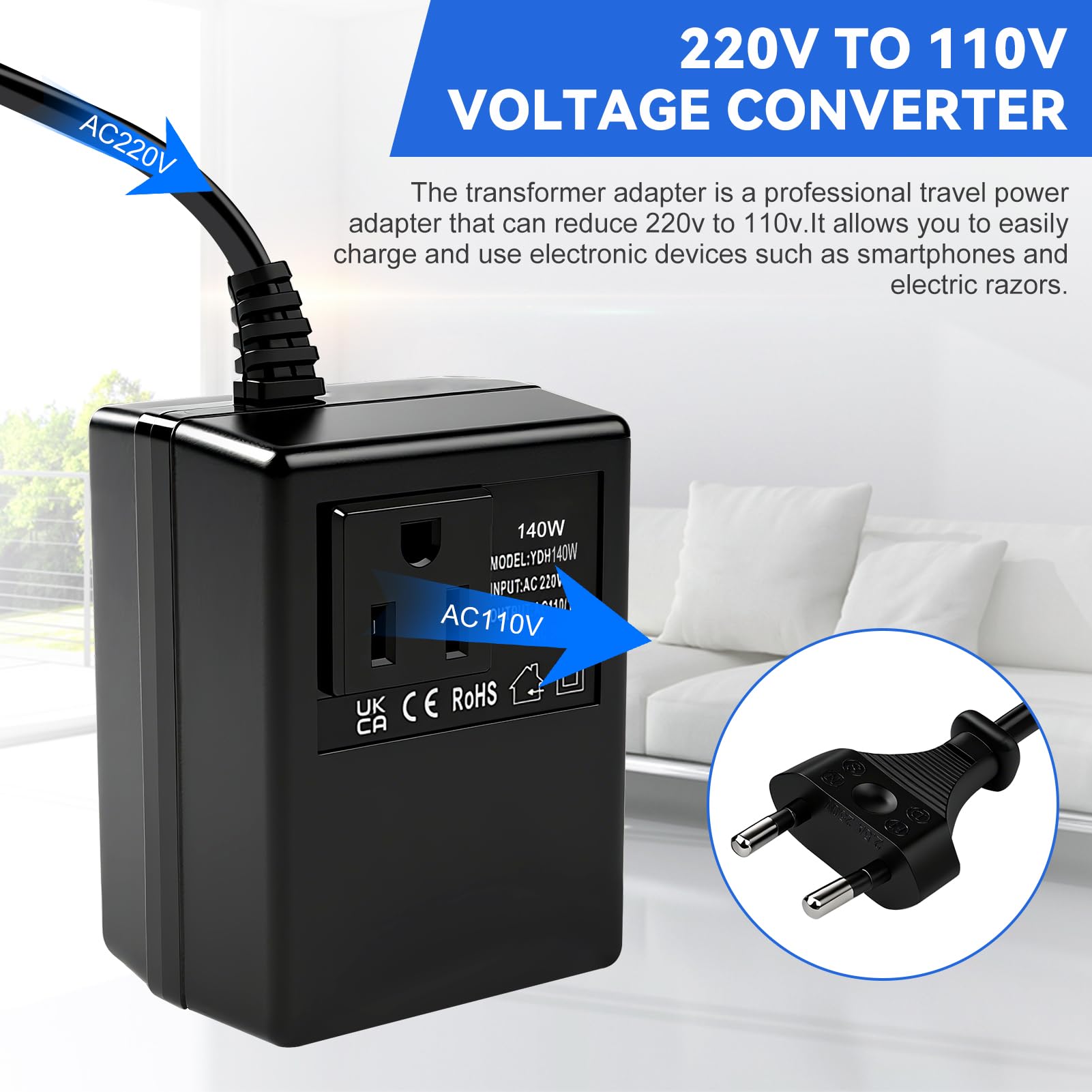 Convertitore di tensione 220V a 110V 140W adattatore trasformatore di alimentazione convertitore spina regolatore di tensione Adattatore da viaggio Presa EU