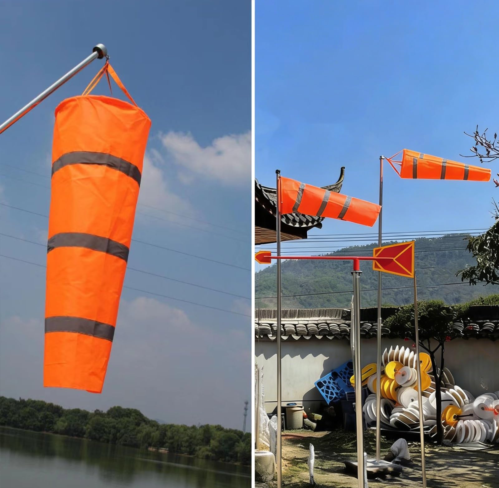 Windsack Komplettes Windsack Set mit Mast, Reflektierender Band Aviation Windsack, Außen Windrichtungsanzeiger, Oxford Stoff Windmessflagge(Red,L-0.8m(2.6ft))