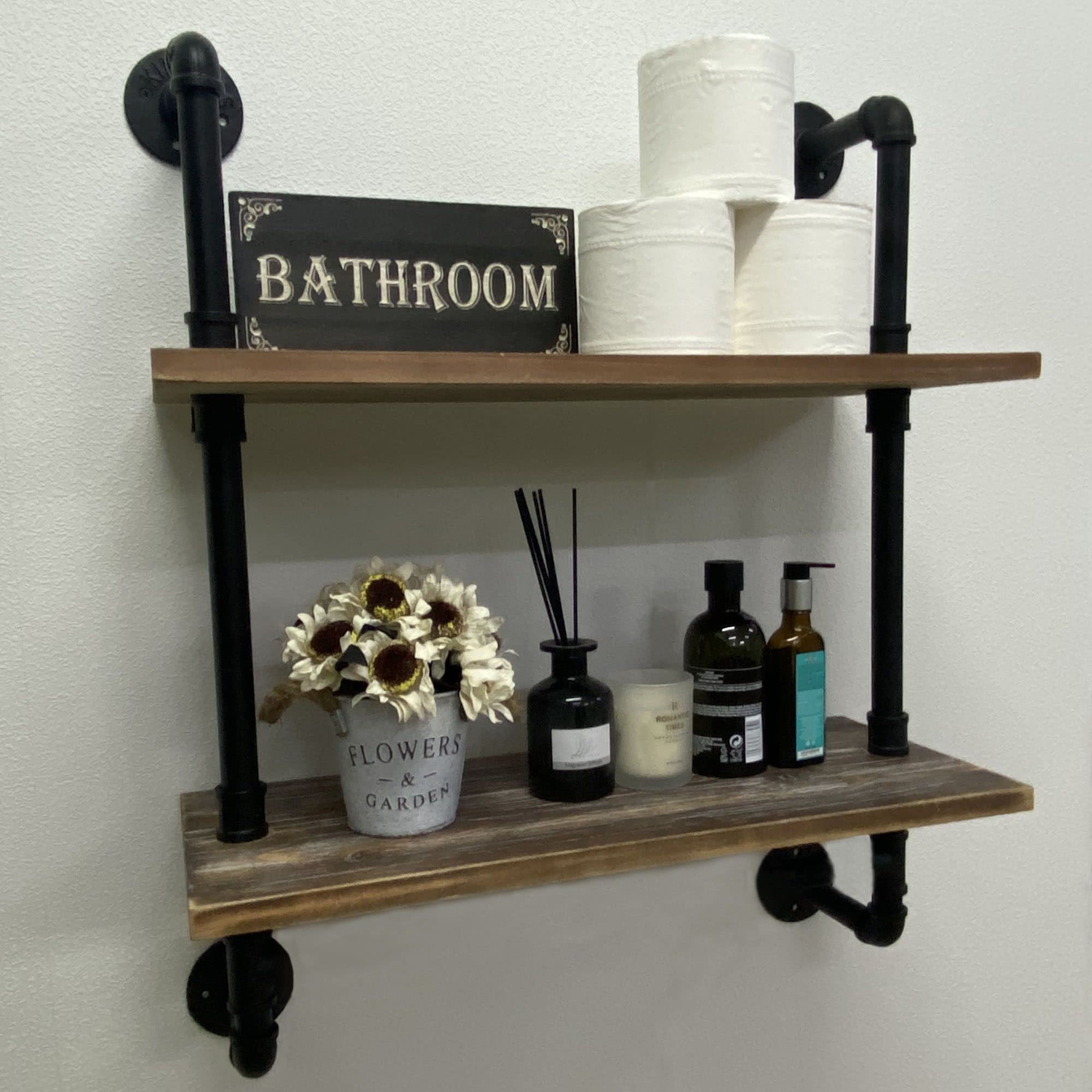 Industrial Bathroom Pipe Shelves Over Toilet with Wood Planks