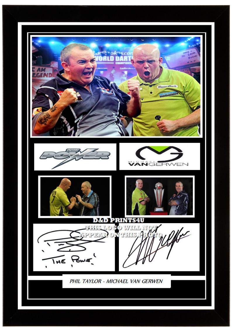 (#068) PHIL THE POWER TAYLOR & MICHAEL VAN GERWEN DARTS SIGNED A4 FRAMED PHOTOGRAPH (REPRINT) GREAT GIFT @@@@@