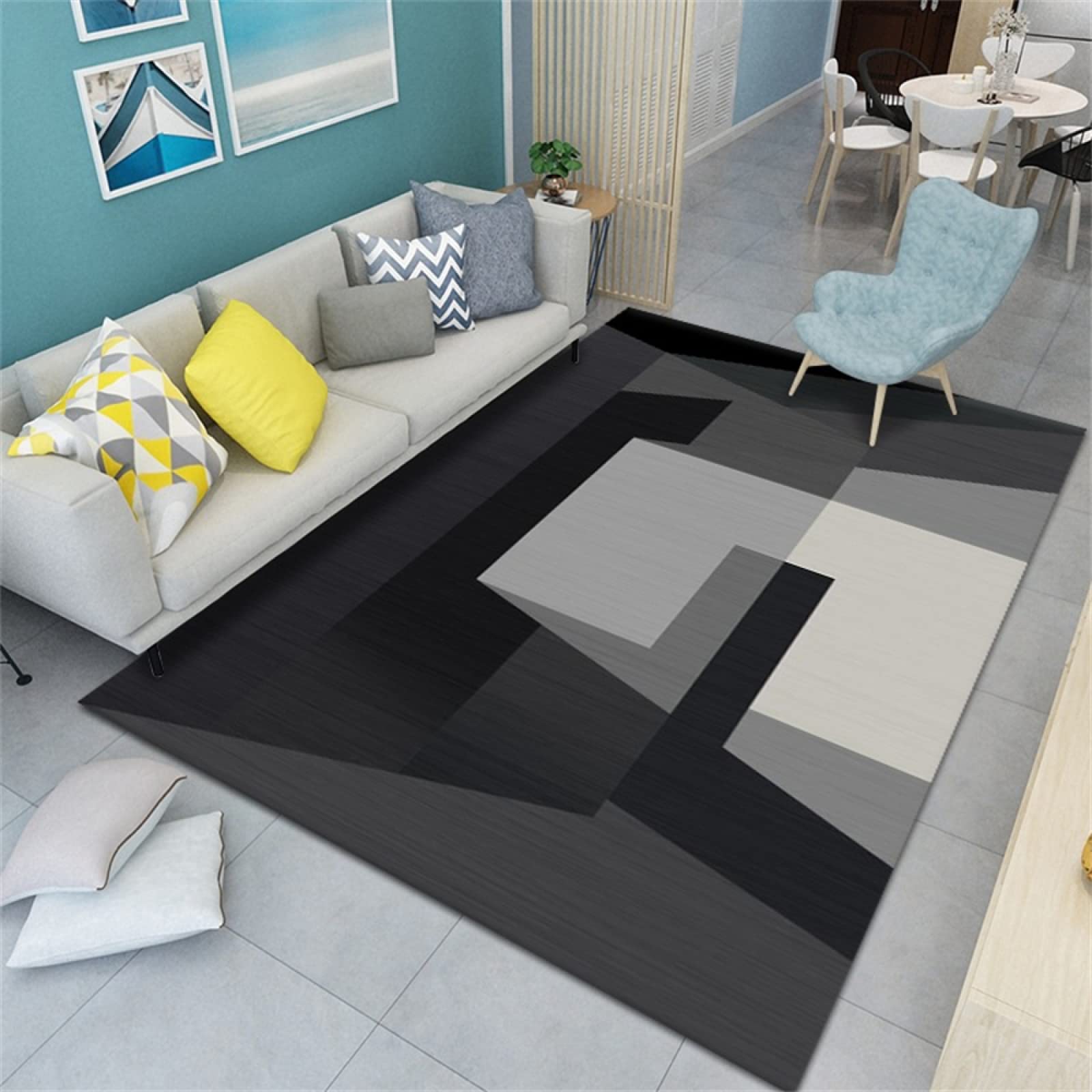 Décoration salon noir avec tapis moderne aux lignes géométriques simples