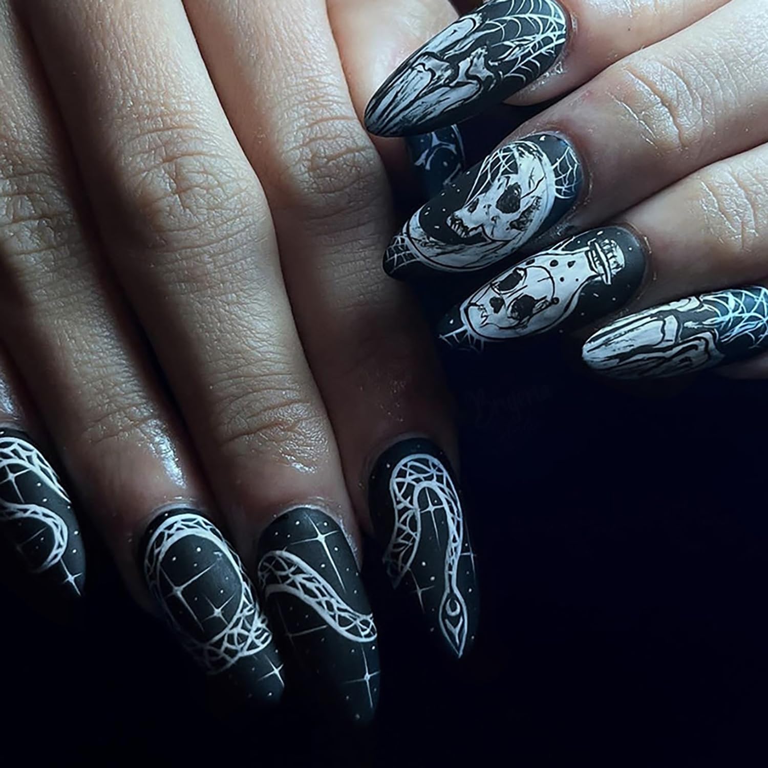 TBRZTR Halloween Medium Press on Nails Almond, Artificial Acrylic Fake Nails with Skull Snake Designs, 24Pcs Full Cover Reusable Black Glossy Day of