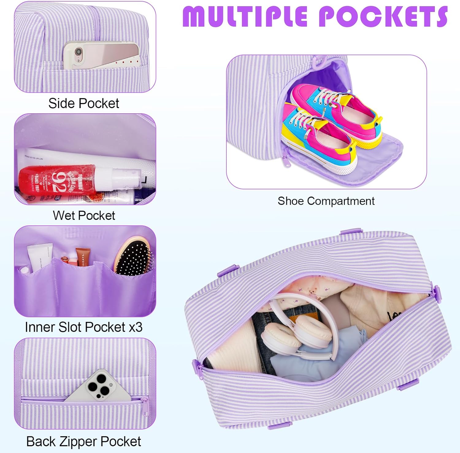 Initial Travel Bag for Girls - Duffle Bag with Shoe Compartment, Carry On Bag with Luggage Sleeve, Weekender Bags and Overnight Bags with Wet Dry Separated Pocket, Teen Girl Gift (Purple,M)