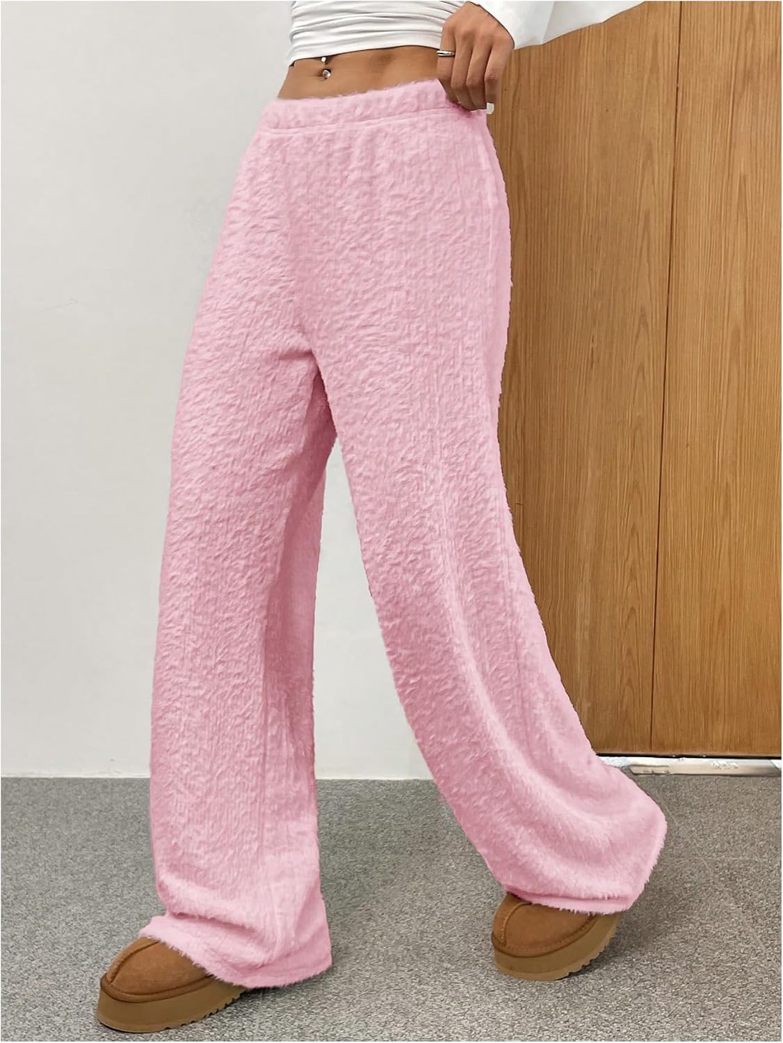 Verdusa Women's Fuzzy Fleece Lounge Pants Elastic Waist Pajama Bottoms