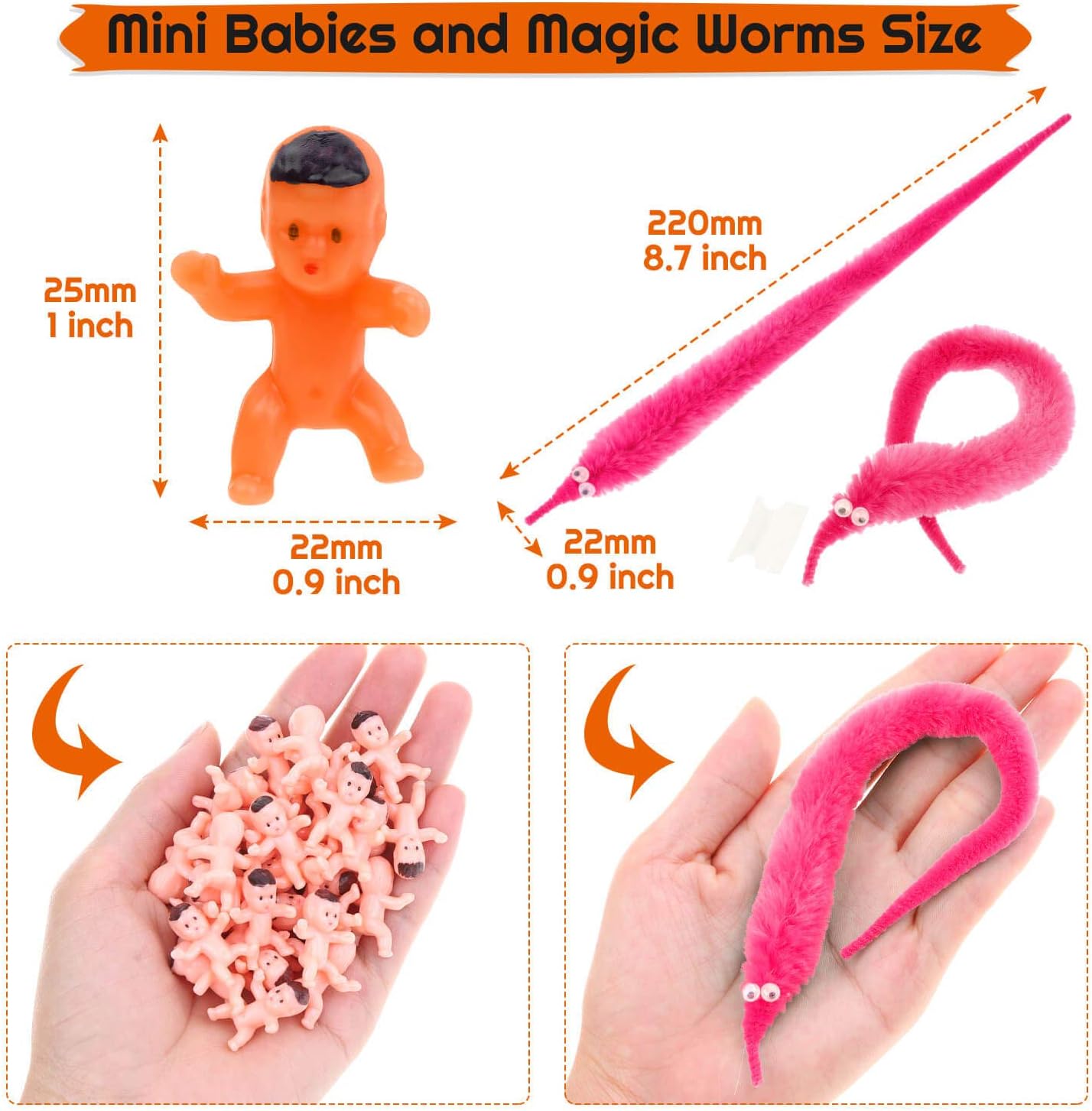 selizo Worm On A String and Tiny Babies, 100Pcs Mini Plastic Babies with 20Pcs Fuzzy Worms On String Bulk for Small Baby Shower Ice Cube Games Party Favors Supplies