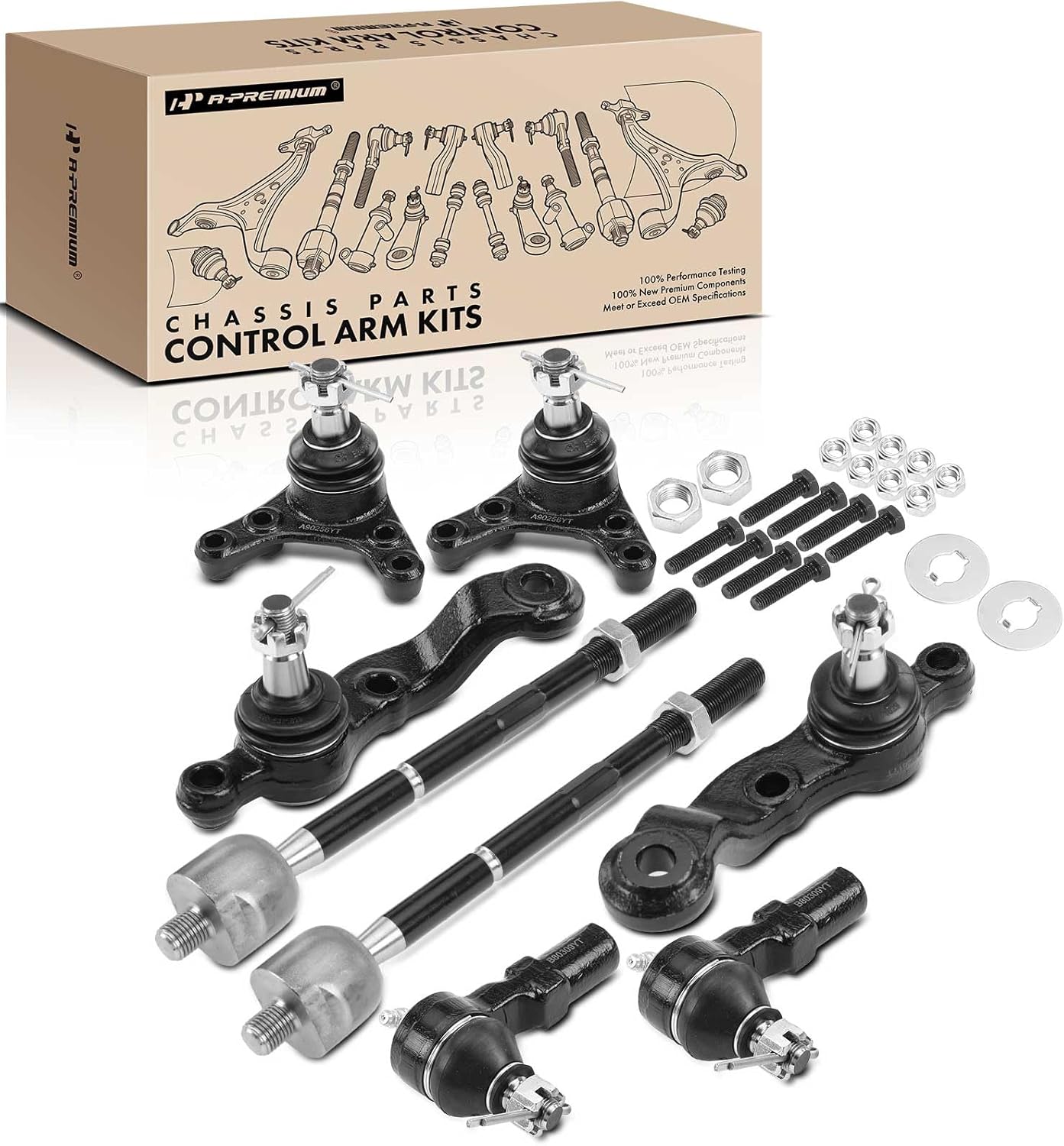 A-Premium Set of 8, Front Upper & Lower Ball Joint, Inner & Outer Tie Rod End, Compatible with Toyota Tacoma 1995-2004