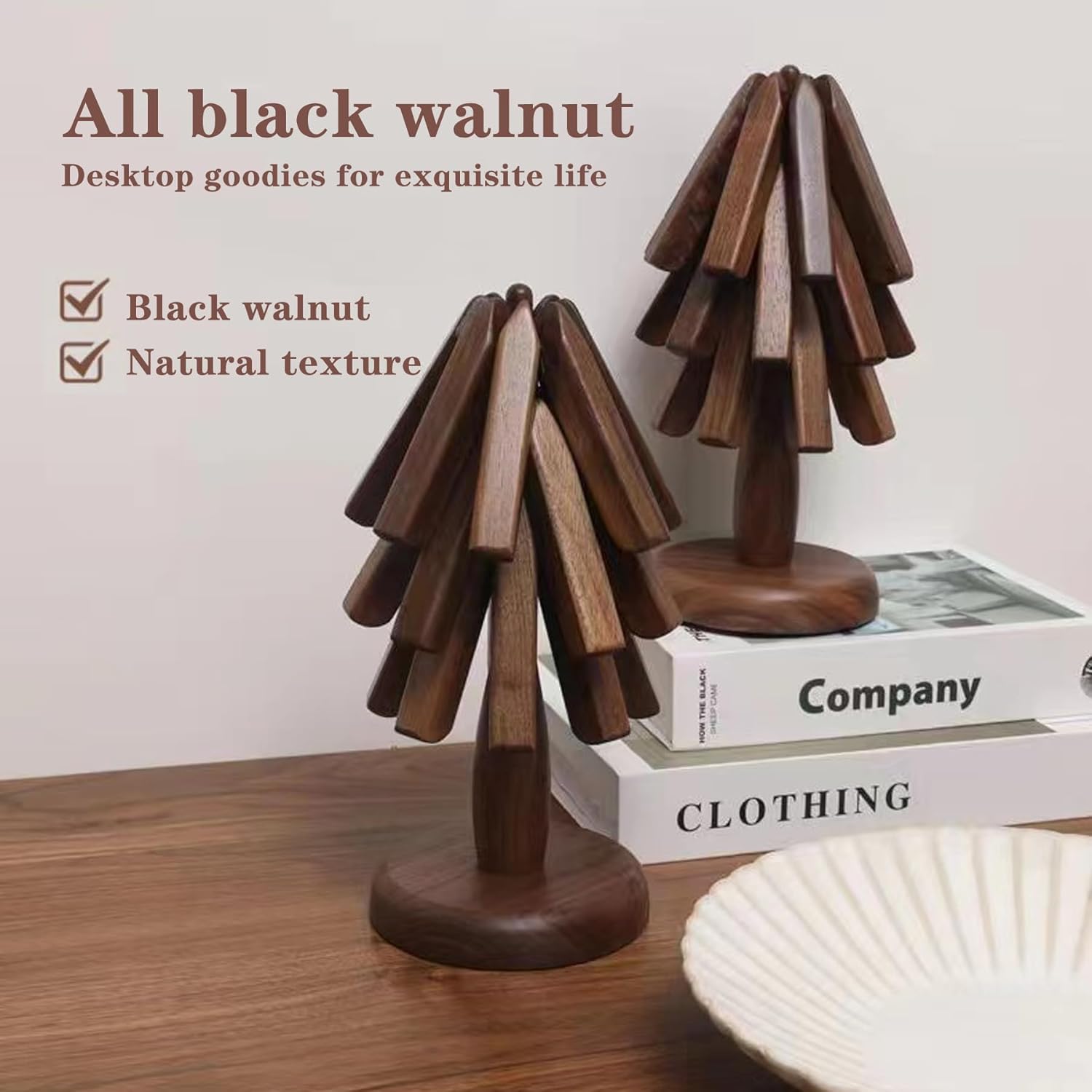 Black Walnut Wood Table Mat, Trivet Tree for Wood Coasters Set of 3,Housewarming Table Decorations Wood Placemats, Space Saving Trivets for Hot Pots and Pans（1 Set）