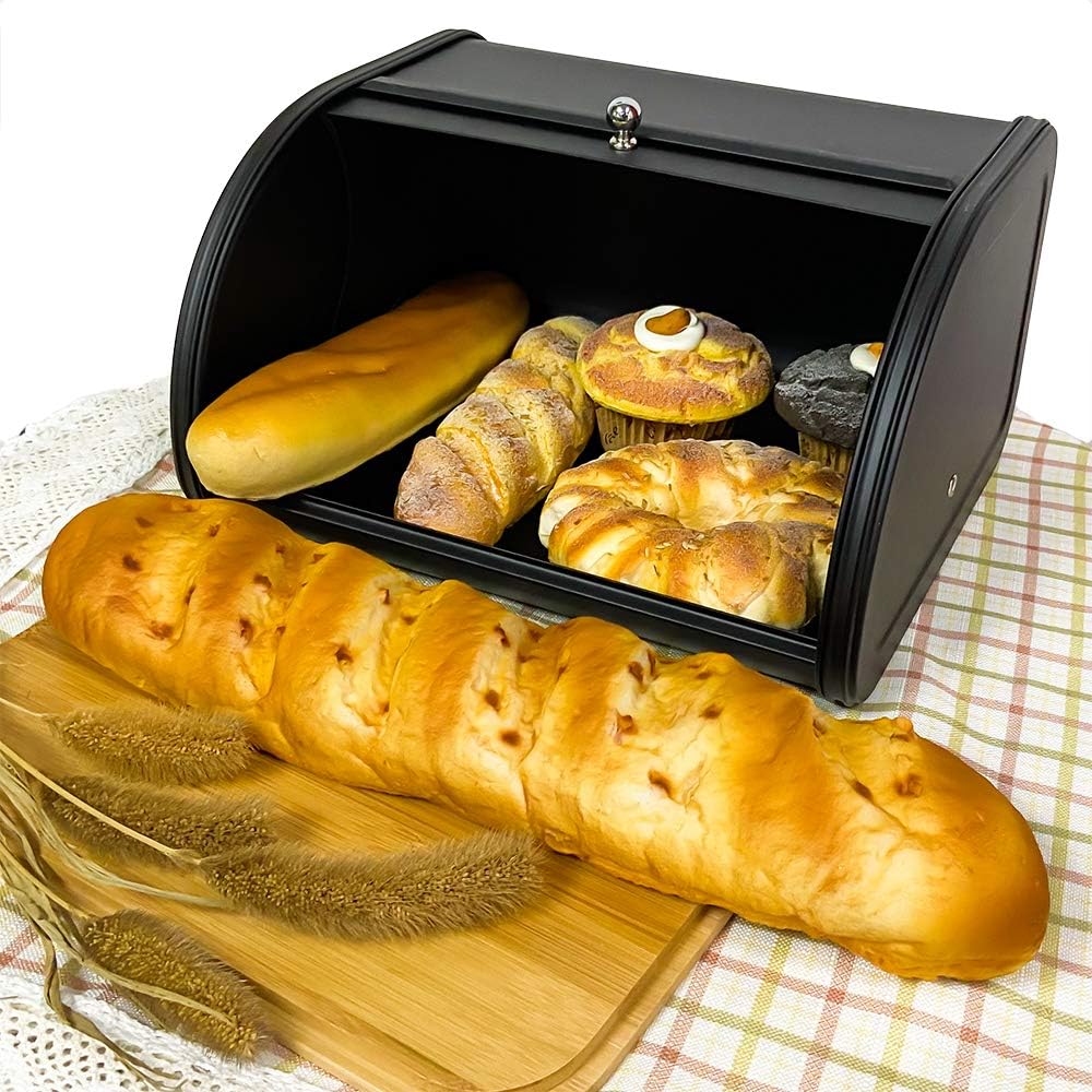 Home by Jackie Inc X458 Black Metal Bread Box/Bin/kitchen Storage Containers with Roll Top Lid (Black)