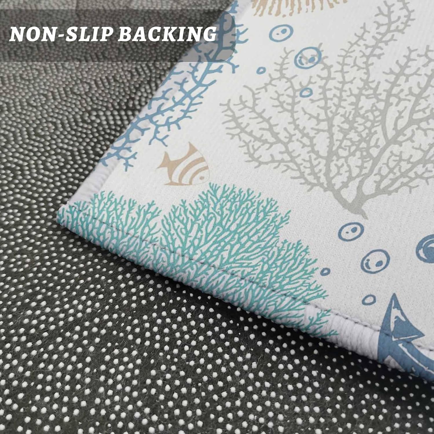 Teamery Kitchen Mats for Floor Nautical Blue Anchor Washable Non Slip Kitchen Rugs 1PCS, Coastal Starfish Coral Conch Shell Absorbent Standing Mats for Sink Bathroom Office Living Room 15.7x47.2in