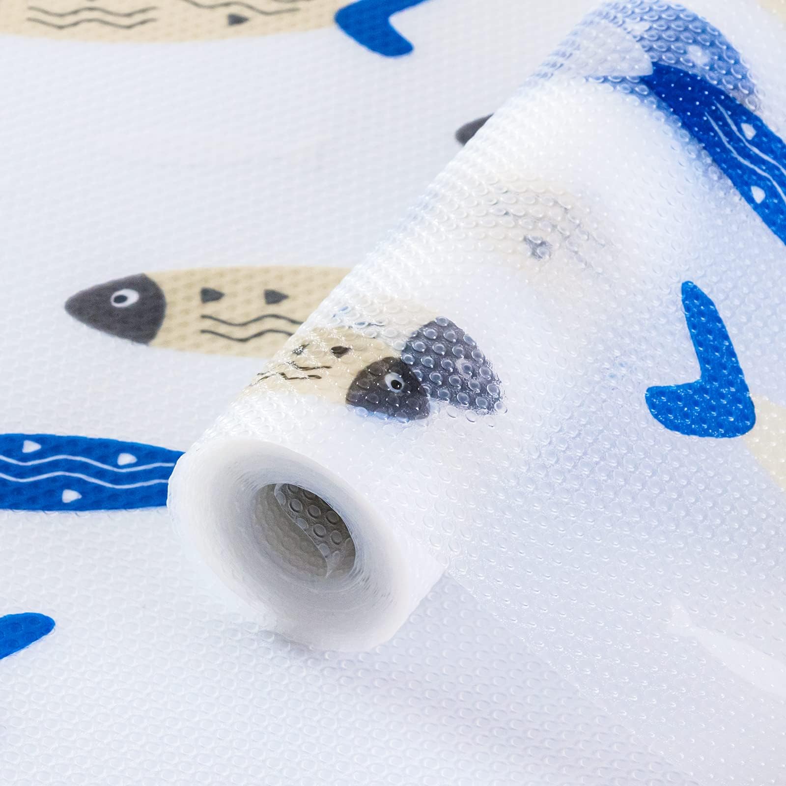 Bloss Shelf Liner for Kitchen Cabinets, 17.7 Inch x 16.6 Feet Non-Adhesive Waterproof Food-Grade Drawer Liner for Table, Pantry Closet, Cupboard and Refrigerator Liner, Blue Fish Pattern