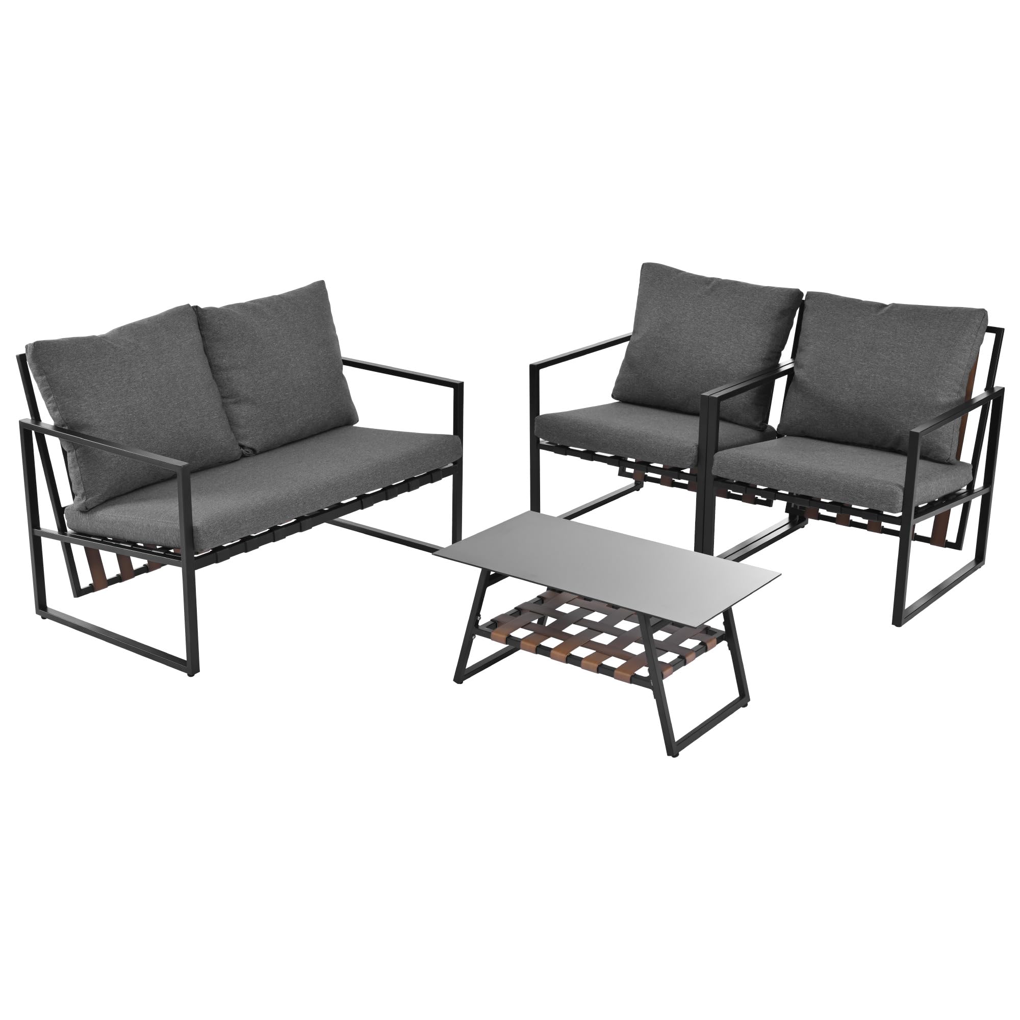 4 Sitzer Lounge Möbel Outdoor mit Couchtische, 2 Sessel, Schwarz | Garten Loungemöbel Set mit Doppelsofa, Gartenlounge Outdoor, Balkon Sofa, Abnehmbarer und Waschbarer Stoffbezug, Schwarz