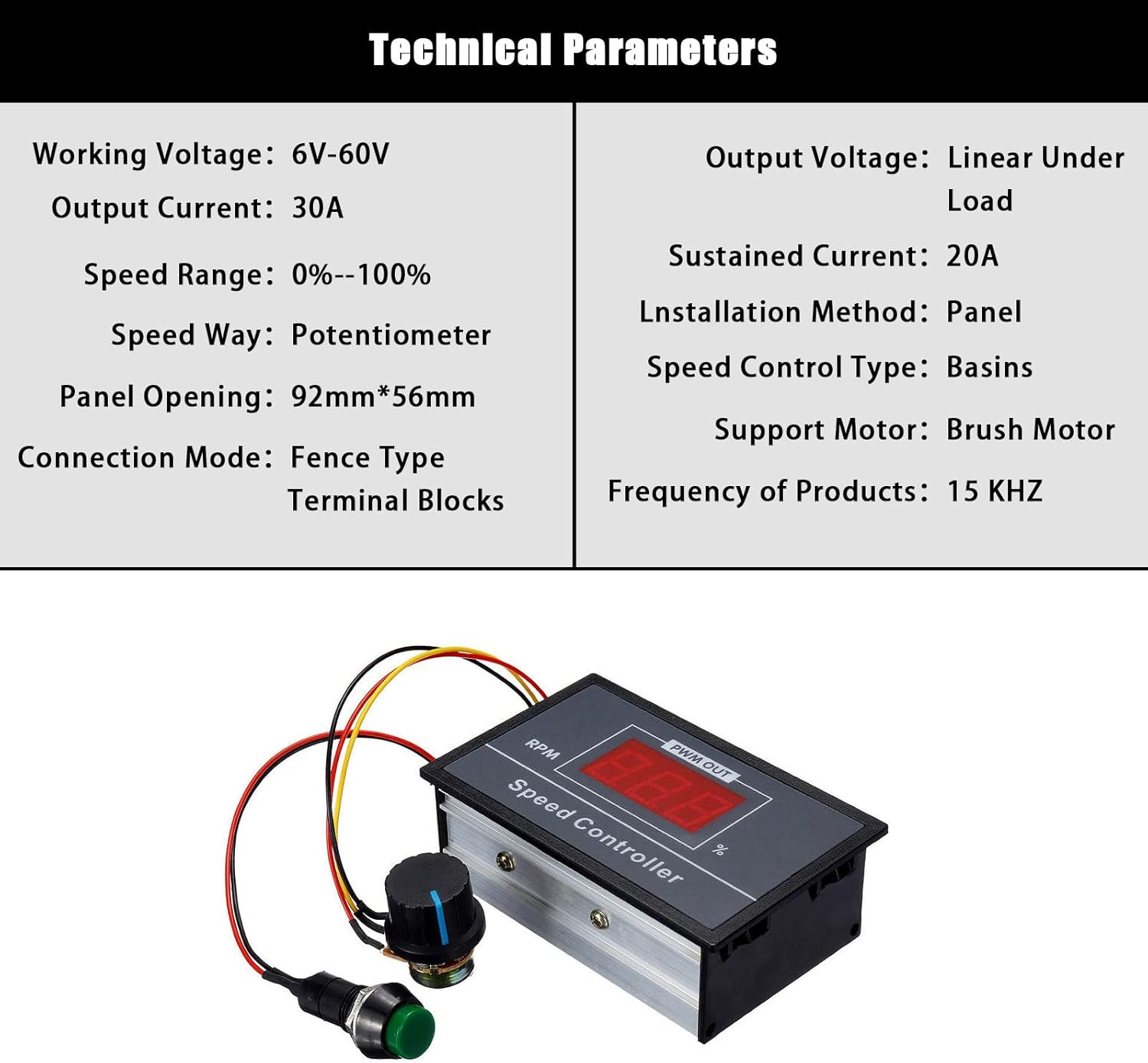 Technical parameters table for the speed controller