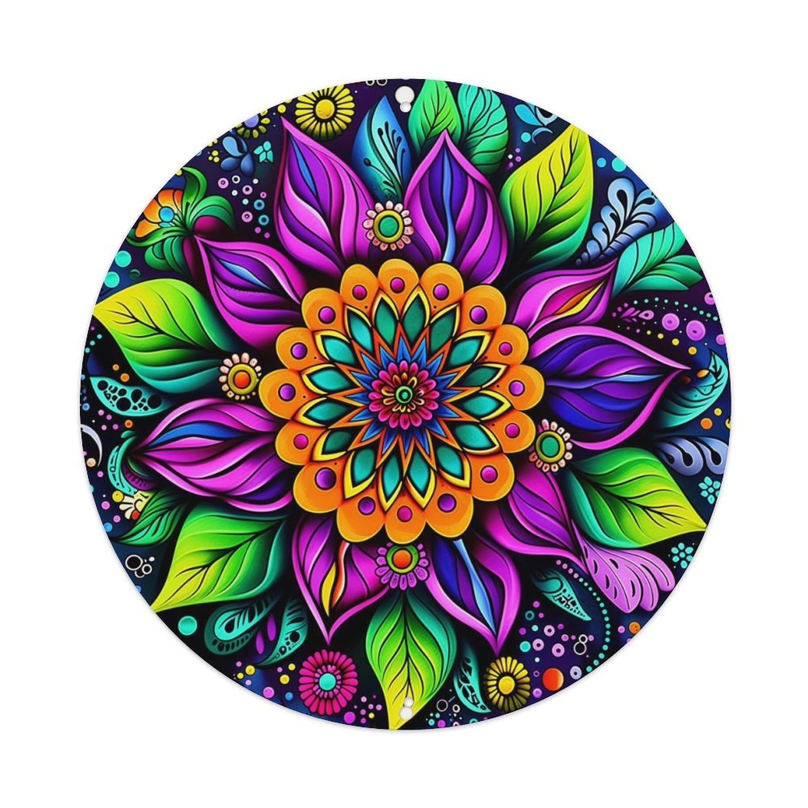 Colorful Floral Mandala Pattern Art Vintage Round Tin Sign Retro Metal Wall Decor Metal Poster, Home Bar Garage Cafe Wall Art Decoration 8x8Inches