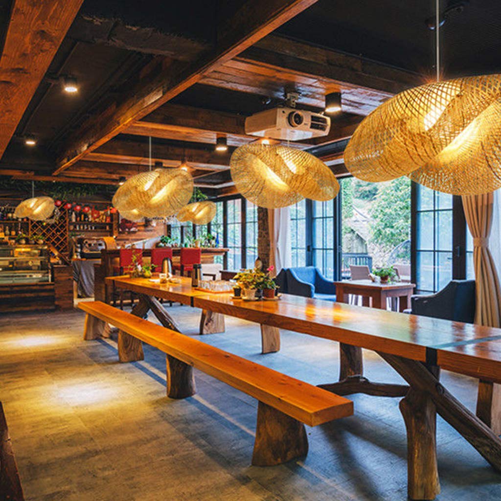 COCOL Vintage Rattan Lampe Wohnzimmer Pendelleuchte E27 Hängeleuchte Bambus Retro Deckenlampe Industrial Lampen Pendellampe Design Höhenverstellbar Kronleuchter Esszimmer Studie Cafe Leuchten,80cm