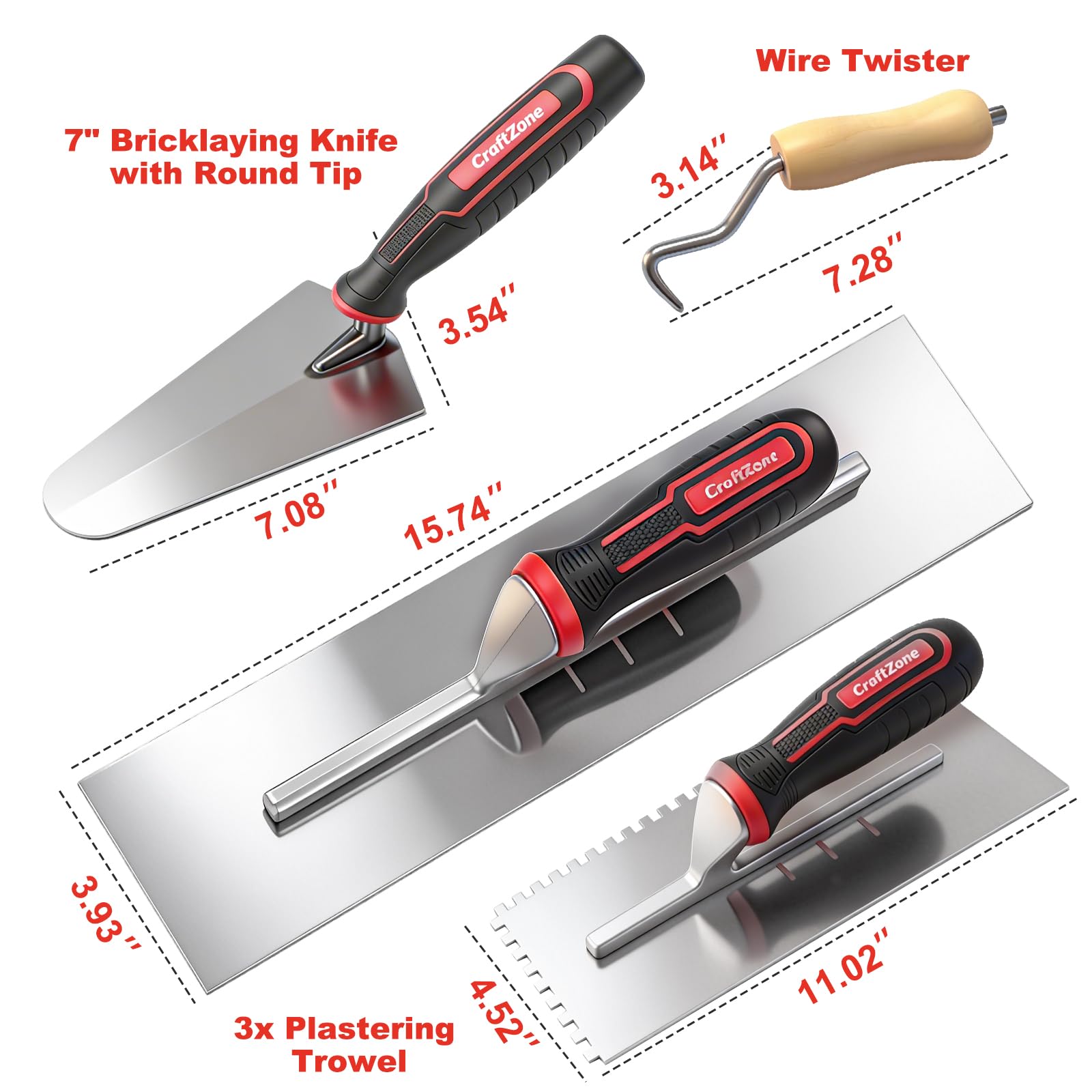 9Pcs Masonry Plastering Hand Tool Set, Alloy & Wooden Plastering Trowels, Bricklaying Knife, Line Splitter, Corner Rounder, Wire Twister & 16" Tool Bag — Amazon image 3