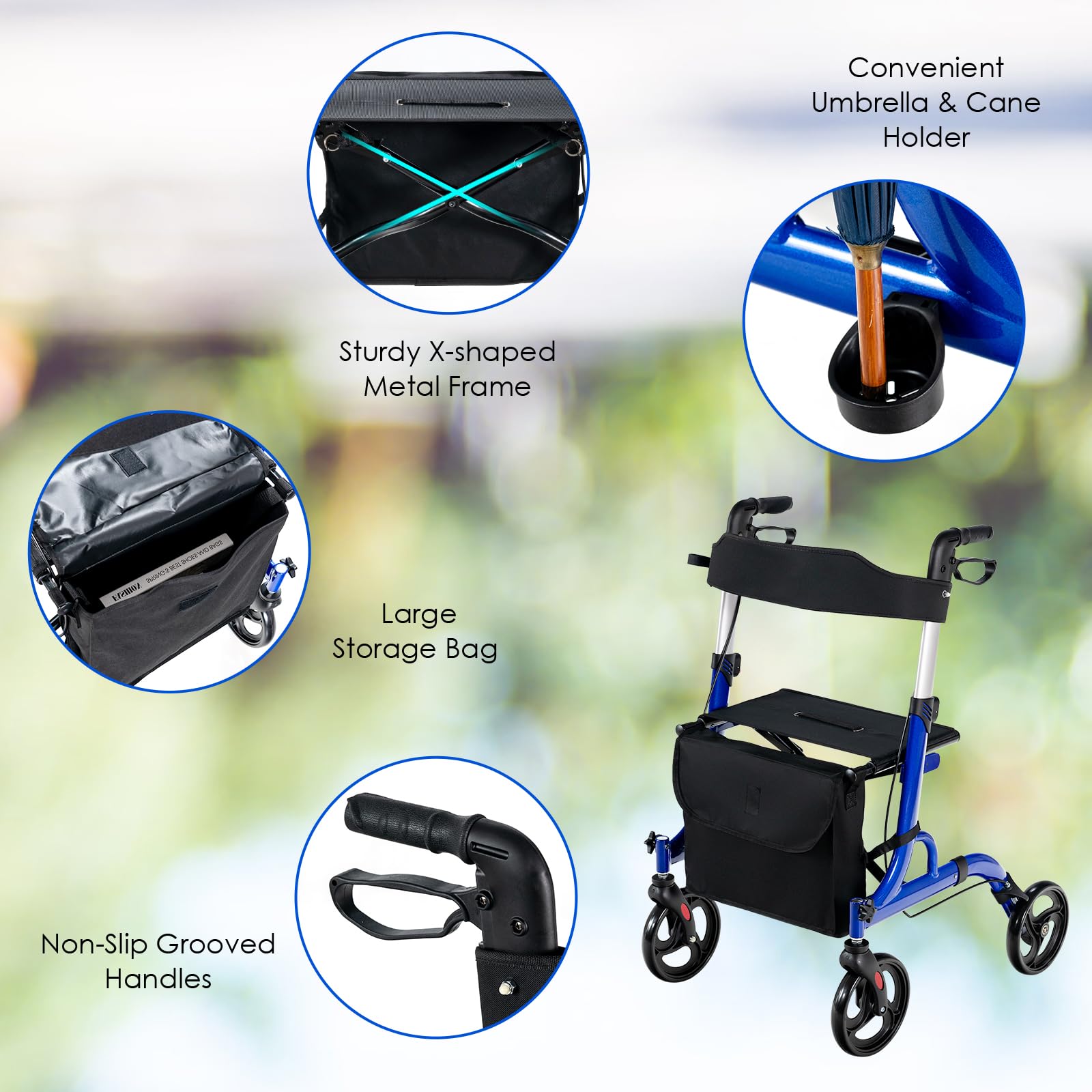 HOMASIS Andador plegable y ligero, con asiento y ruedas, Manijas ajustable, Rollator con sistema de doble freno, Bolsa de Almacenamiento, Aleación de aluminio hasta 150kg, 79,5x61,5x83-96cm (Azul)