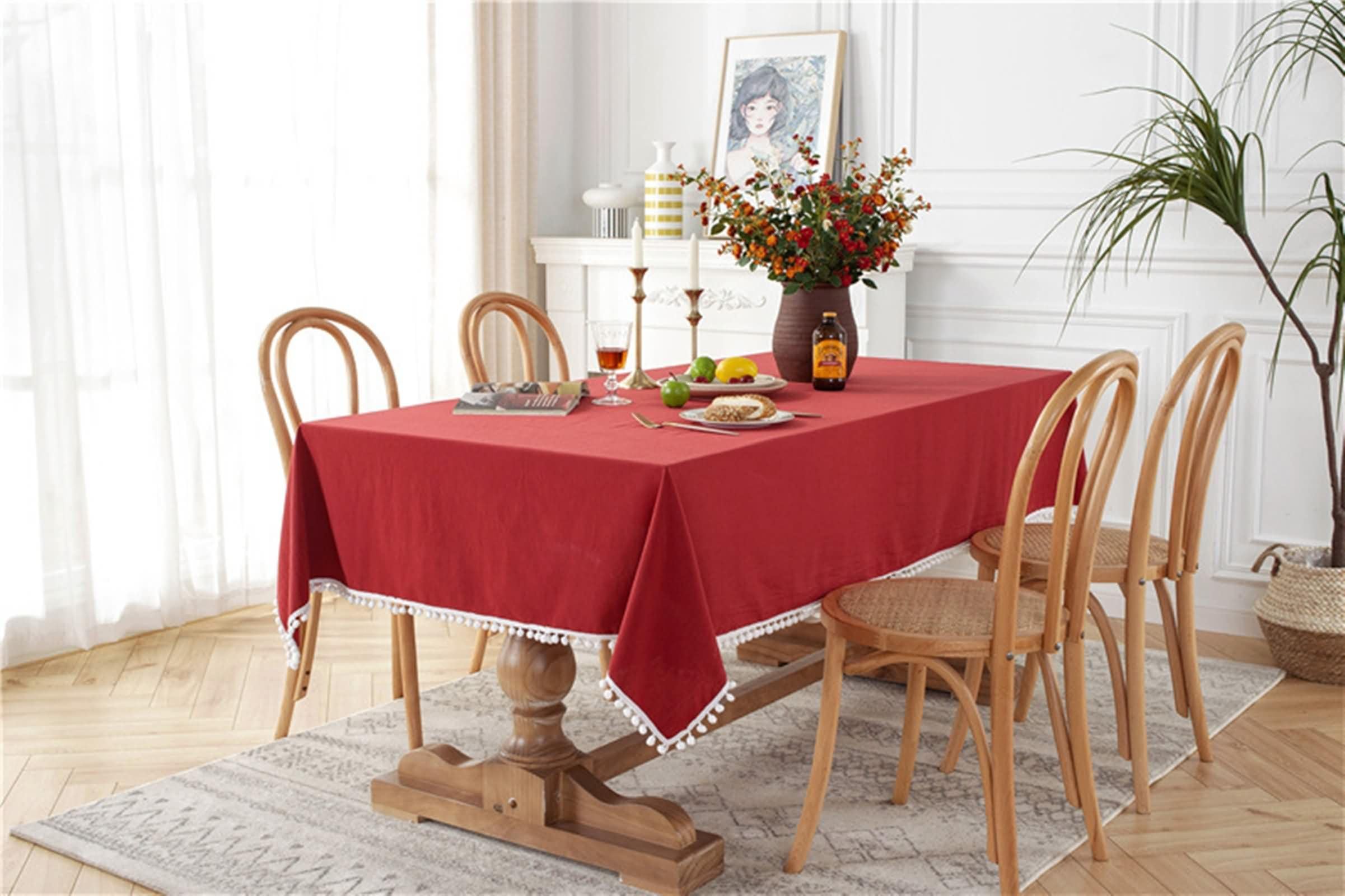 Mantel Antimanchas y Lavable Rectangular Rojo Mesa, Color Sólido con Pompones, de Algodón Lavable, 140 x 250 cm, Mantel para Comedor y Cocina