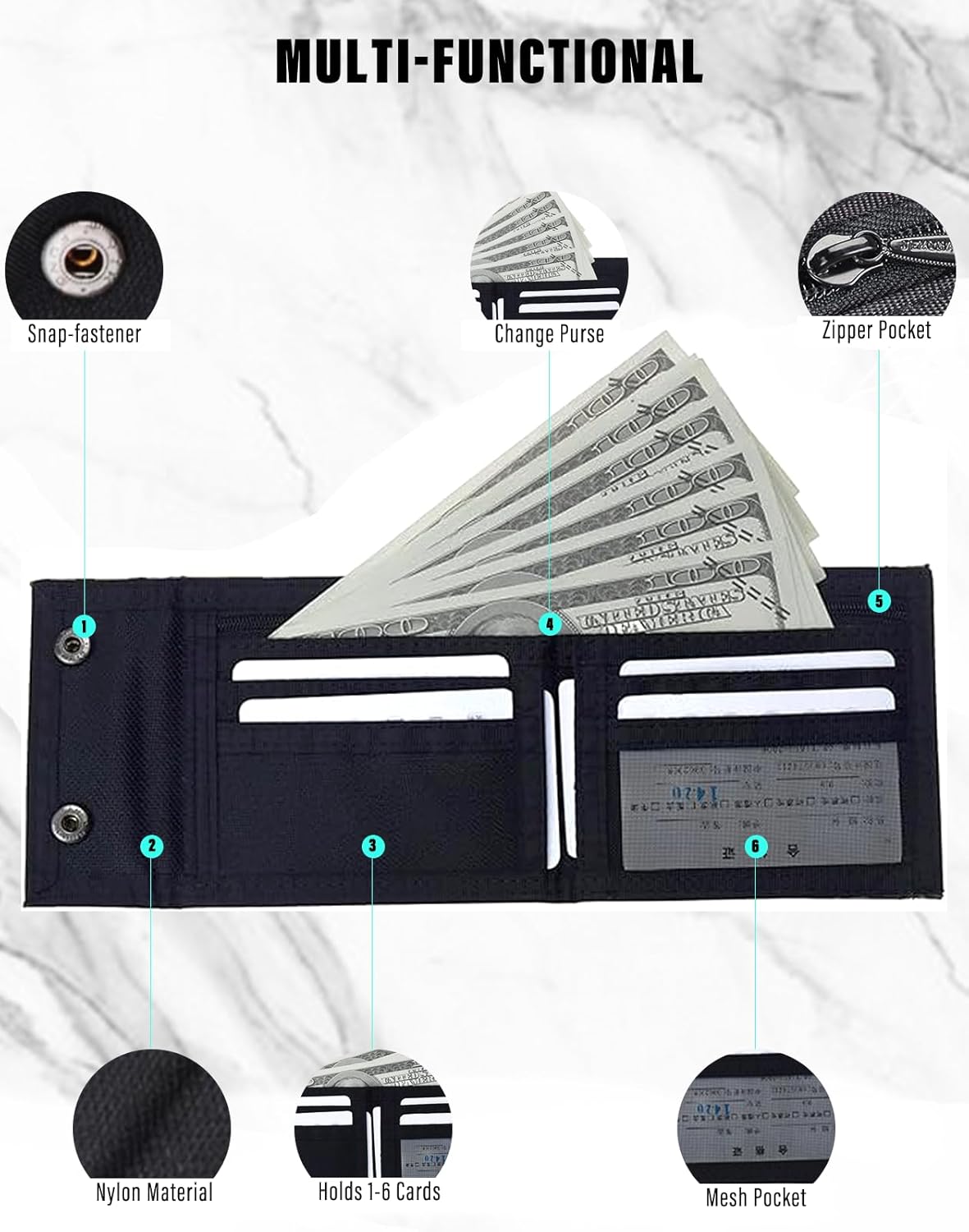 JEMINAL Camo Bifold Wallet for Men Thin Nylon Vertical Wallet with Cash Zipper Pocket Brown - Image 4