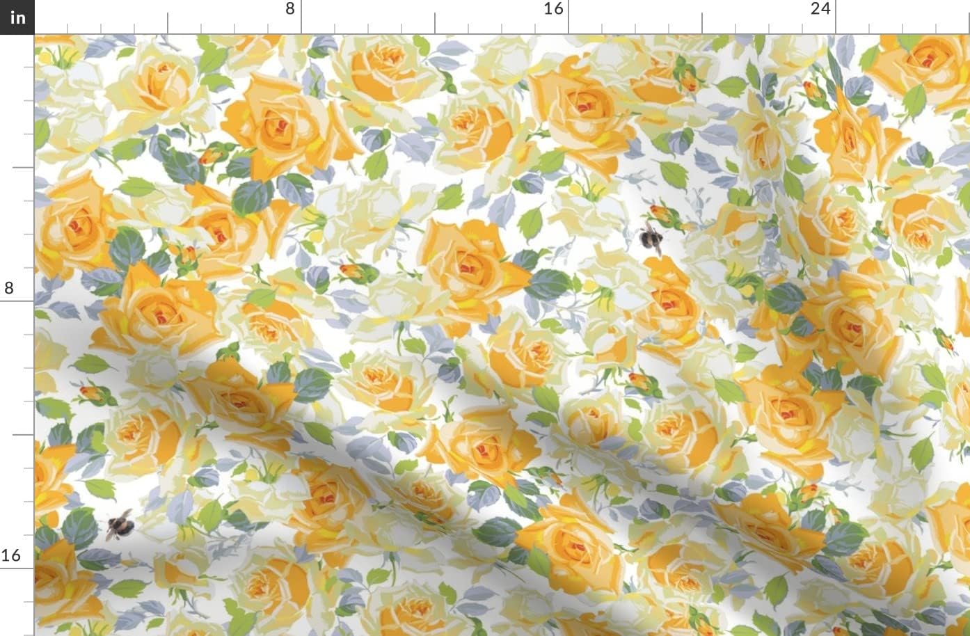 Spoonflower Fabric - White Floral Flowers Yellow Roses Garden Bee Printed on Organic Cotton Sateen Fabric by The Yard - Sewing Quilting Apparel Home Decor