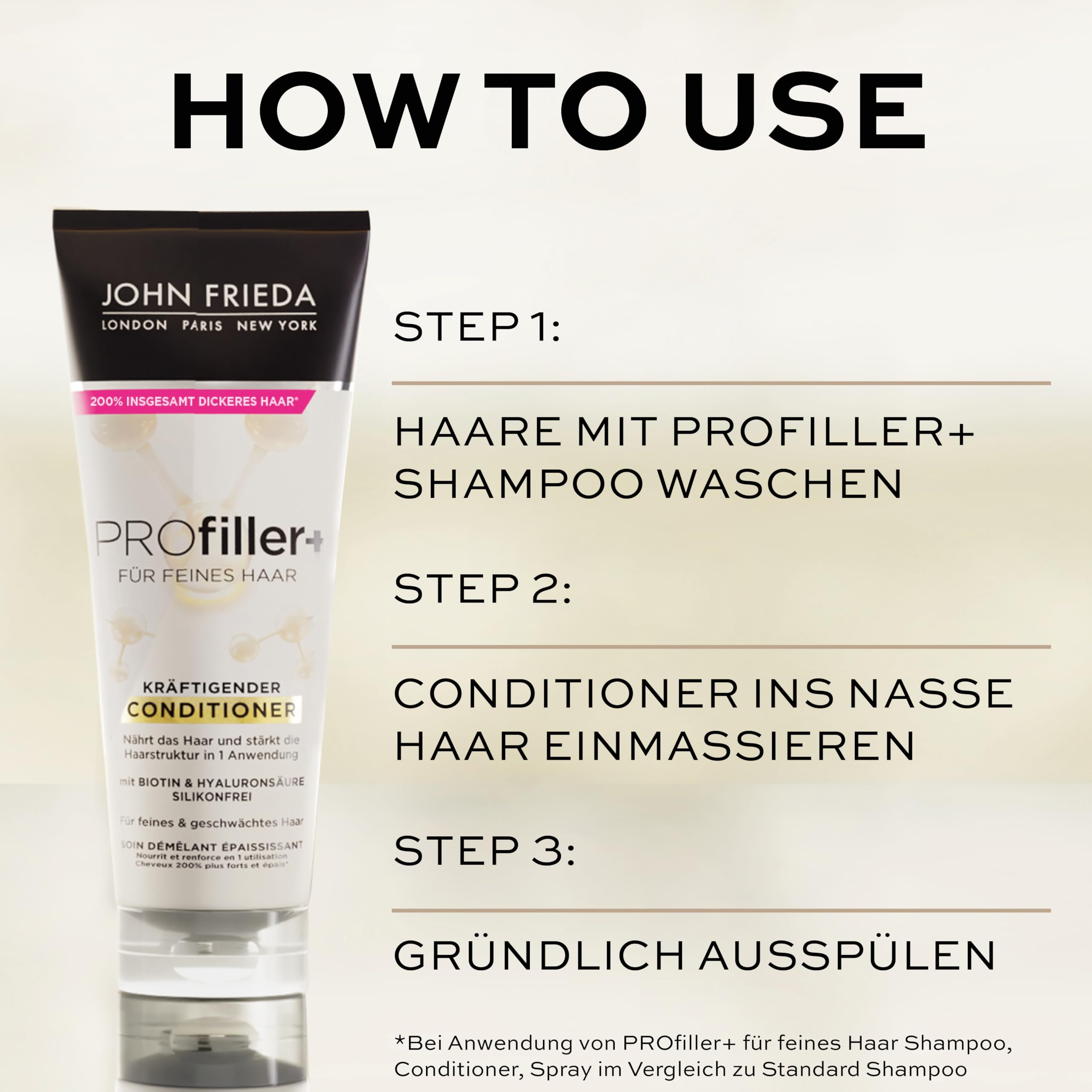 John Frieda Profiller+ zestaw korzyści – zawartość: szampon, 250 ml + odżywka, 250 ml + spray wzmacniający, 150 ml – do włosów delikatnych – z biotyną i kwasem hialuronowym