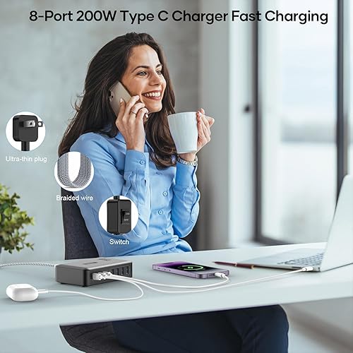 Miniatura 7 de Bloque de carga rápida USB C de 200 W, estación de carga de 8 puertos para iPhoneiPadMacBook, caja de cargador 4C4A GaN, cargadores múltiples de