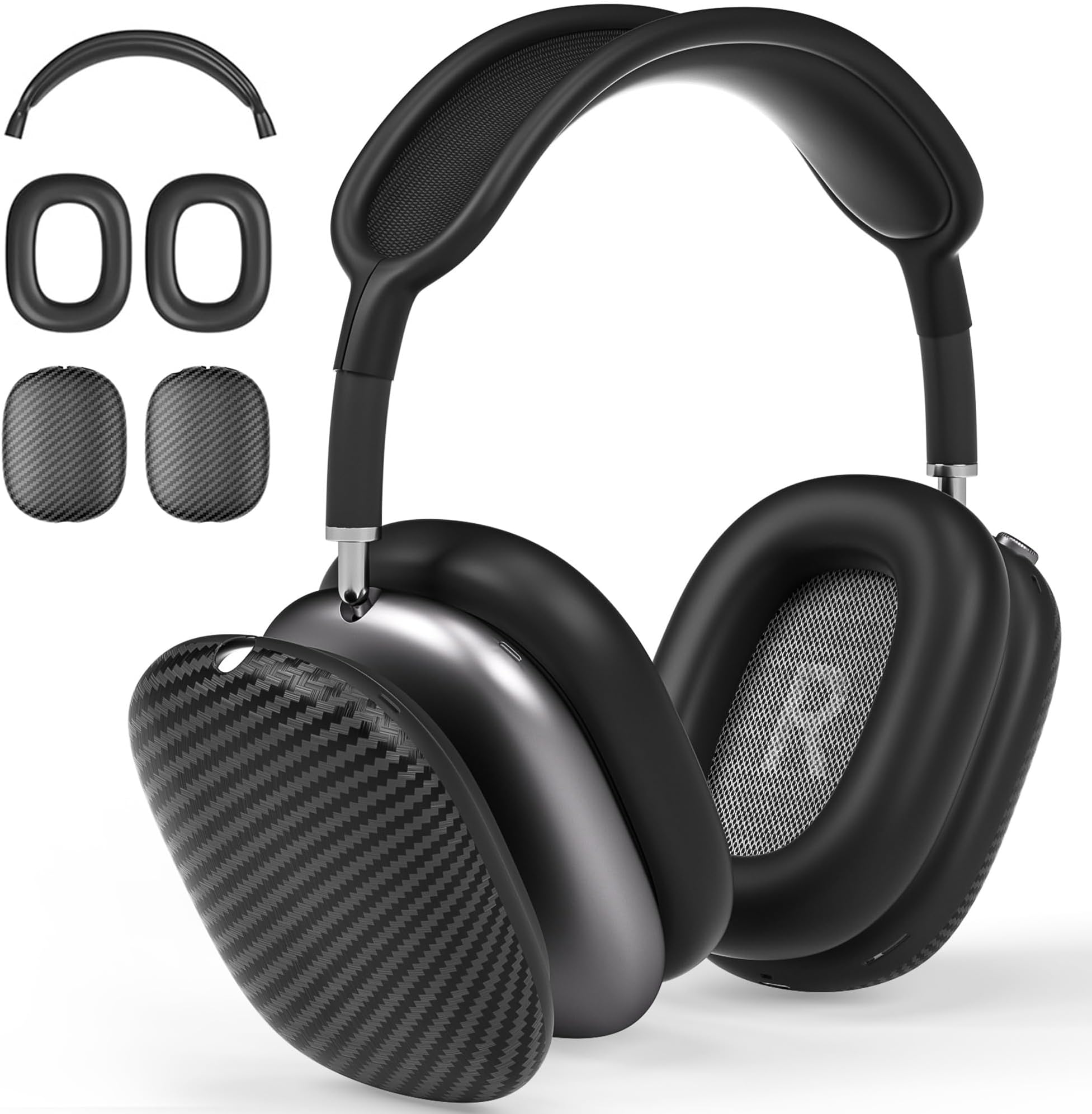 Case Cover for AirPods Max Headphones, Carbon Fiber Texture TPU Ear Cups Cover/Ear Pads Case Cover/Headband Cover for Apple AirPod Max,Accessories Silicone Protector Cover(Matte Black)