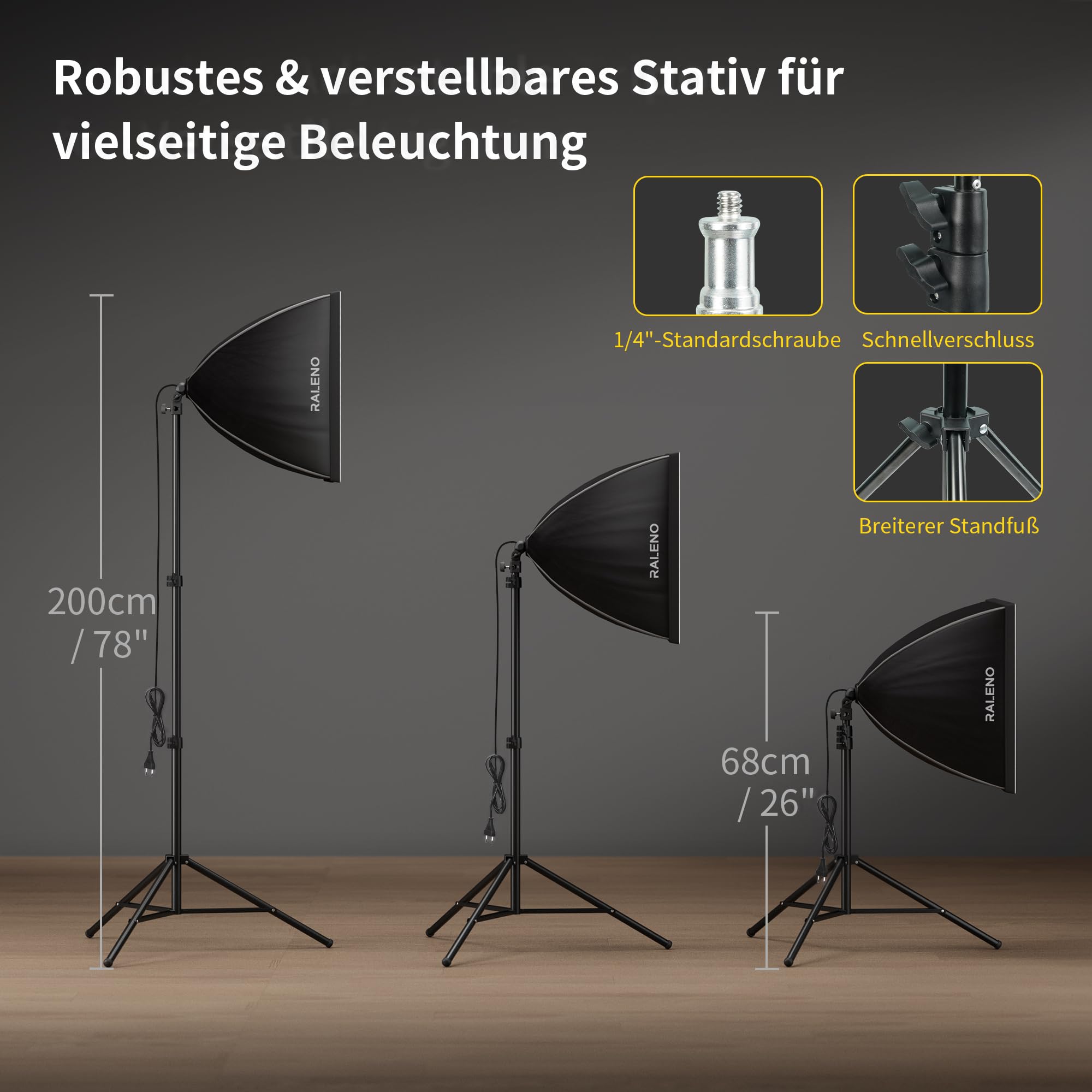 RALENO Zestaw Oświetlenia Softbox, Zestaw Oświetlenia Fotograficznego 50x50 cm Cali z Żarówkami LED (50W | 5500K | CRI>97 | 3m Kabel) Miękki Pojemnik do Nagrywania/Fotografii Portretowej | Model: PS70