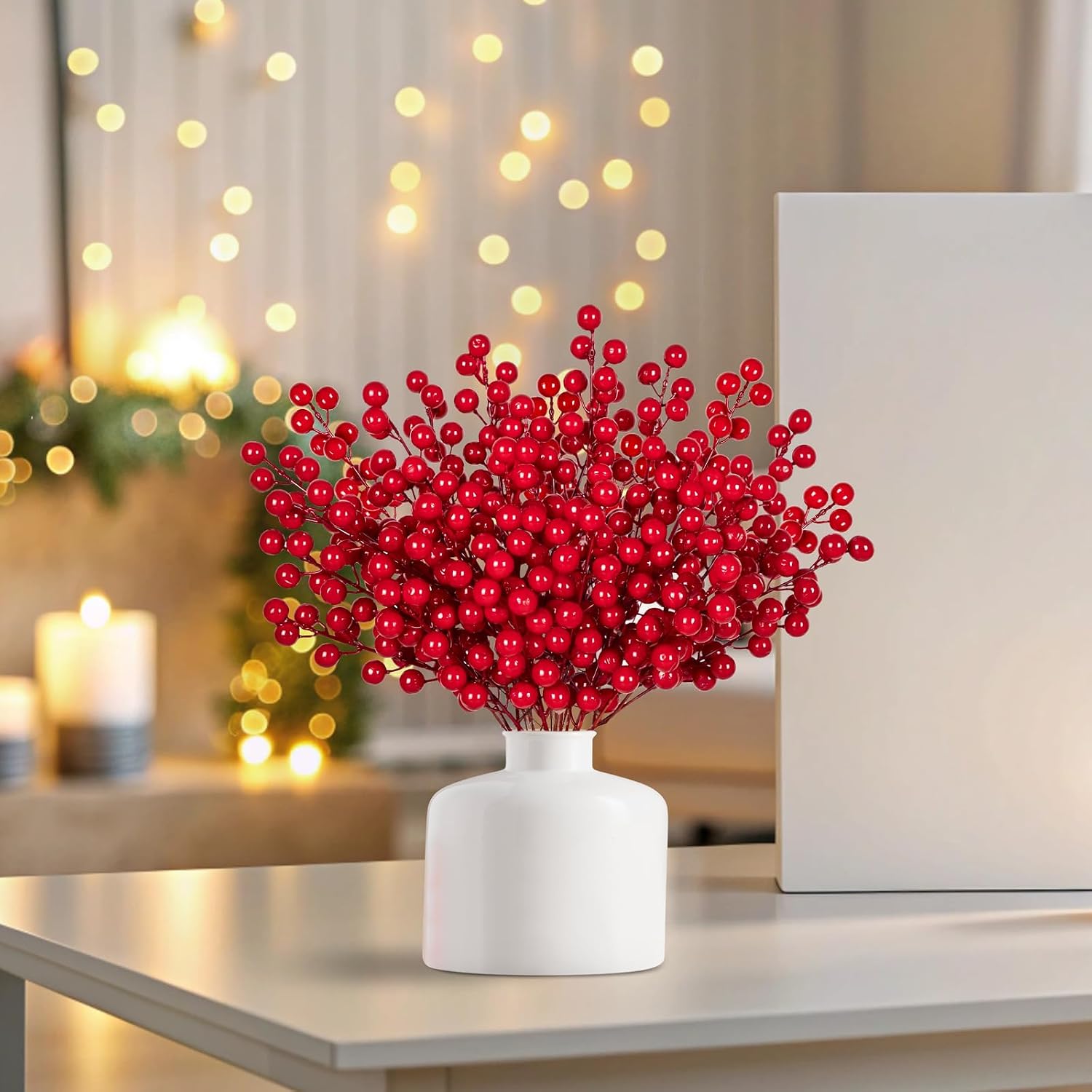 Yen Jean 40Pcs Christmas Tree Red Berry Stems Picks Decorations - Artificial Flowers with Holly Berries Branches Fake Decor for Xmas Winter Holiday Home Ornaments