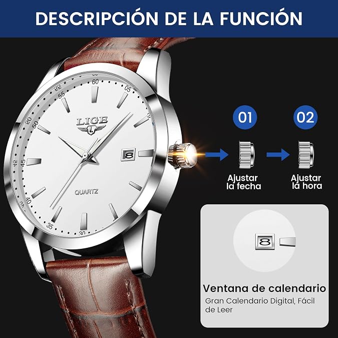 LIGE Watches for Men Waterproof Analog Dress Vintage Chronograph Analog Casual Leather Stainless Steel Unique Quartz Movement Retro Luminous Elegant Men's Wrist Watch Date Display