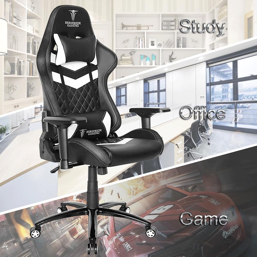 BERSERKER Silla Gaming Ergonómica, Giratoria 360°, Inclinación 90-180°, Base Metálica 70 cm, Capacidad 160 kg, Negro