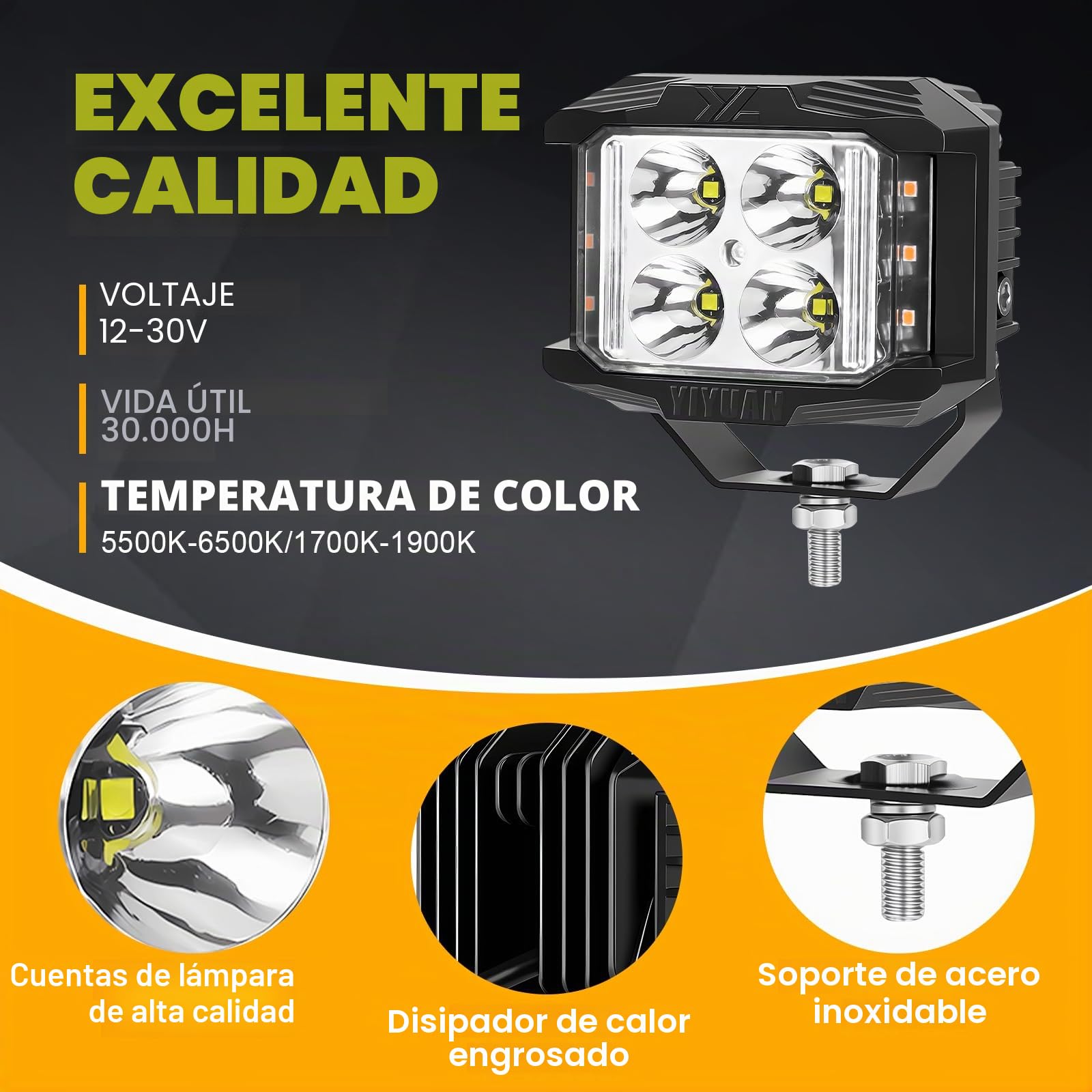 RIGIDON 2 Pcs Estroboscópica Faros trabajo led, 4 pulgadas 35W 3500LM Spot Lámpara trabajo Impermeable Exterior foco led 12V 24V para Off road Camión Tractor Coche SUV 4x4, Amarillo Blanco