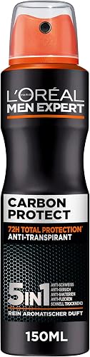 L'Oréal Men Expert Deo für Männer, 5-in-1 Deospray gegen Geruchsbildung, Nässe, Bakterien und weiße Rückstände für bis zu 48 Stunden Frische, Carbon Protect, 6 x 150 ml