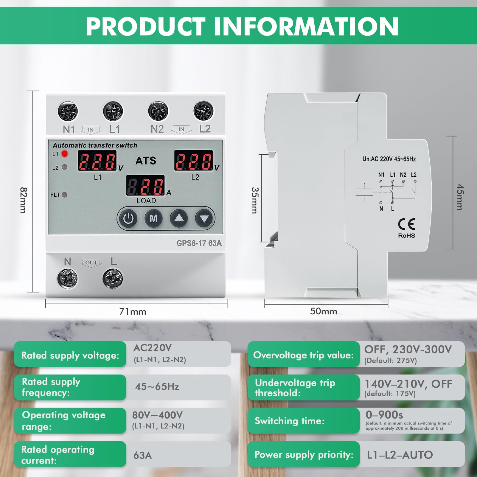 Notstrom Umschalter 63A Einphasig AC220V DIN Rail LED-Display Überspannung Unterspannungsschutz GPS8-17