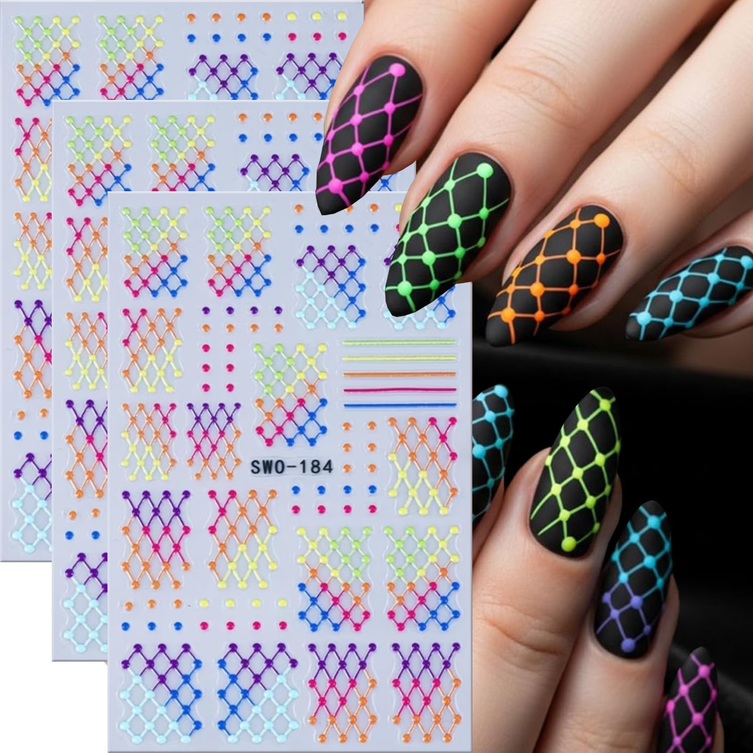 Colorful Line Nail Art Sticker Decal 3Pcs 5D Y2K Style Embossed Nail Decal Colorful Neon Plaid Polka Dot Pattern Nail Designs French Grid Self-Adhesive Nail Supplies for Women DIY Manicure Decoration