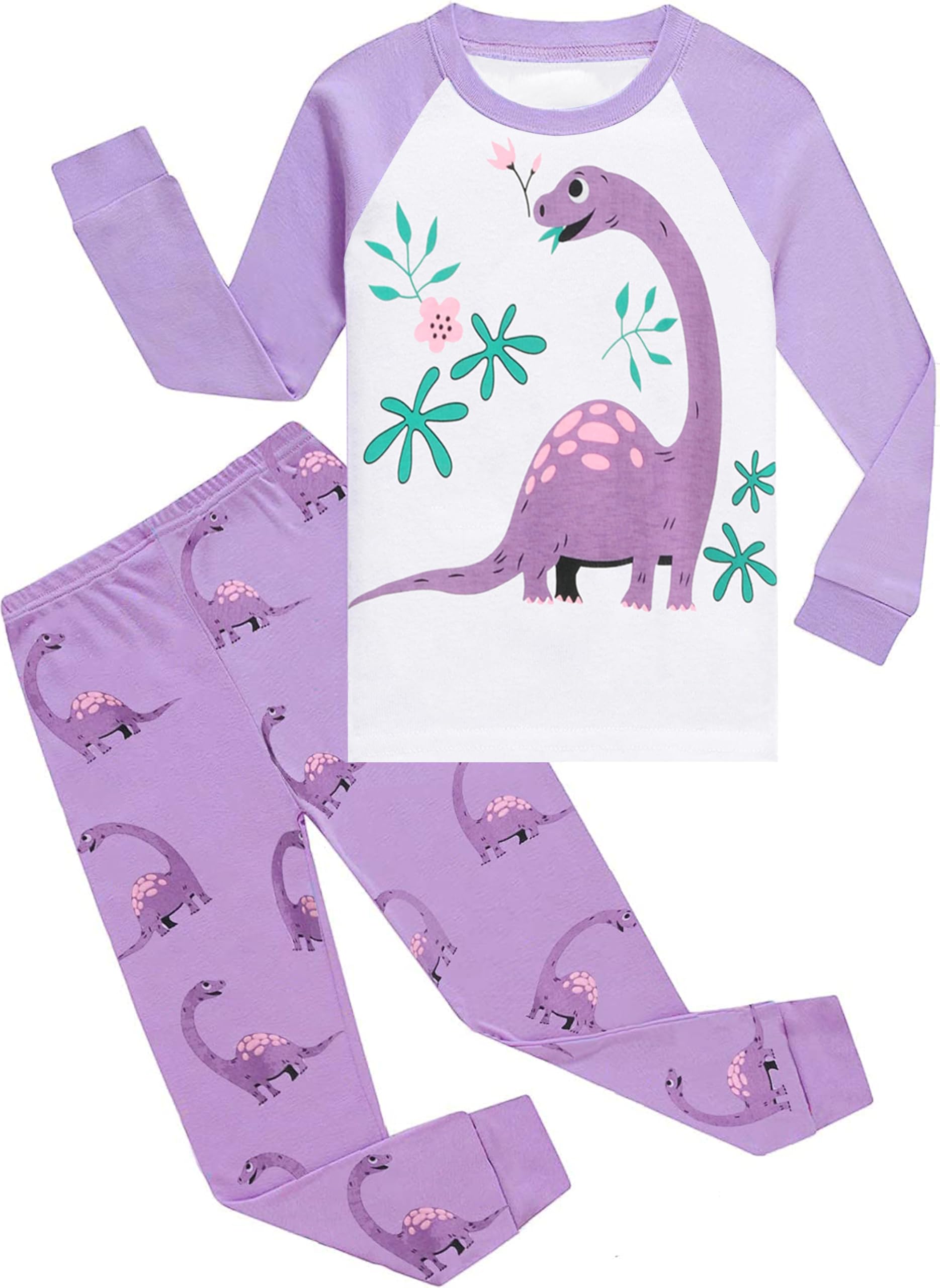EULLA Kinder Mädchen Schlafanzüge Langarm Baumwolle Winter Pyjama Set Dinosaurier Zweiteilig Nachtwäsche 7 Jahre alt G-Lila Dinosaurier DE 122