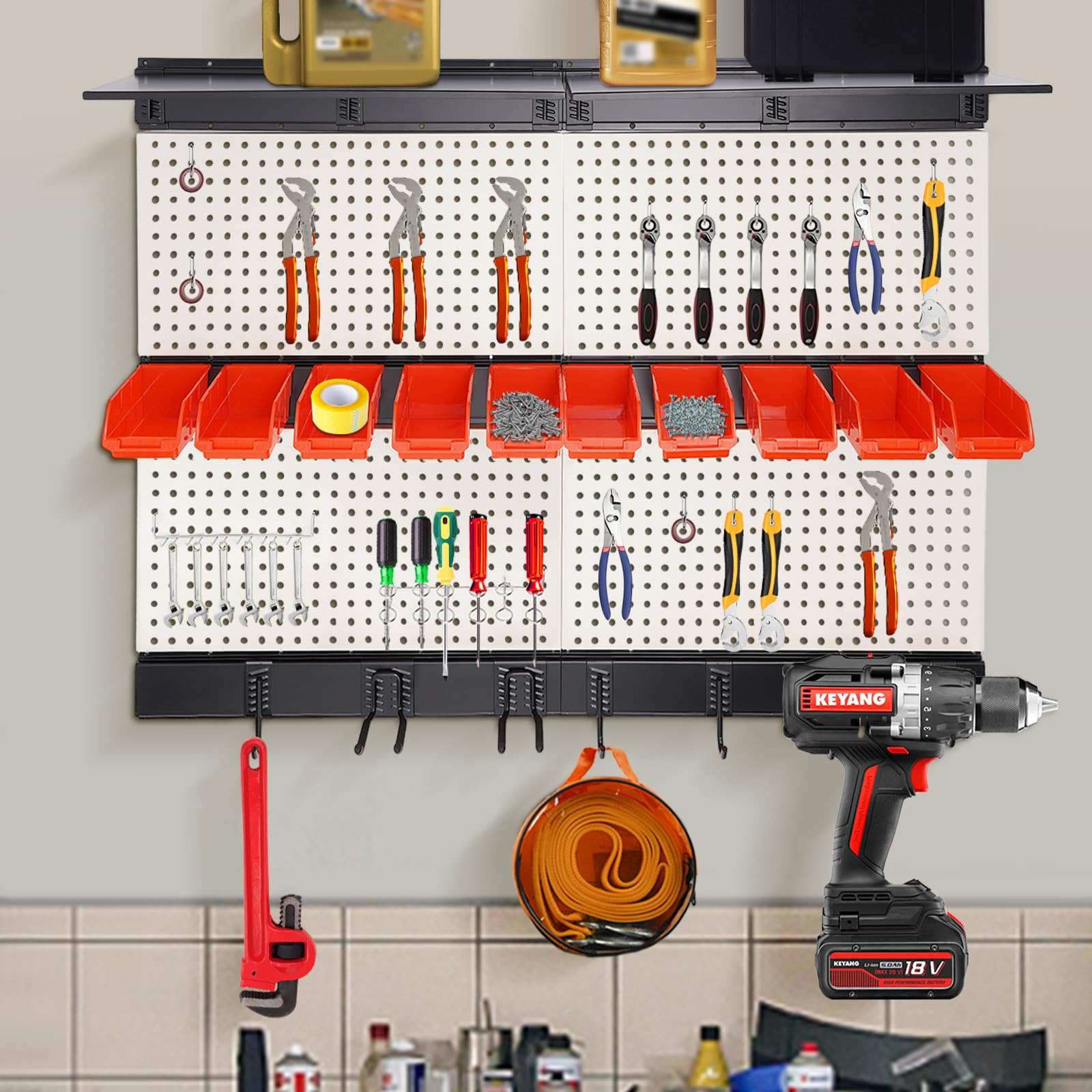 Tool Storage Kit Wall Utility Storage Kit with Toolboard Hooks & Accessories, Garage Storage Wall Organizer, Carbon Steel Pegboard for Garage With 10 Storage Bins