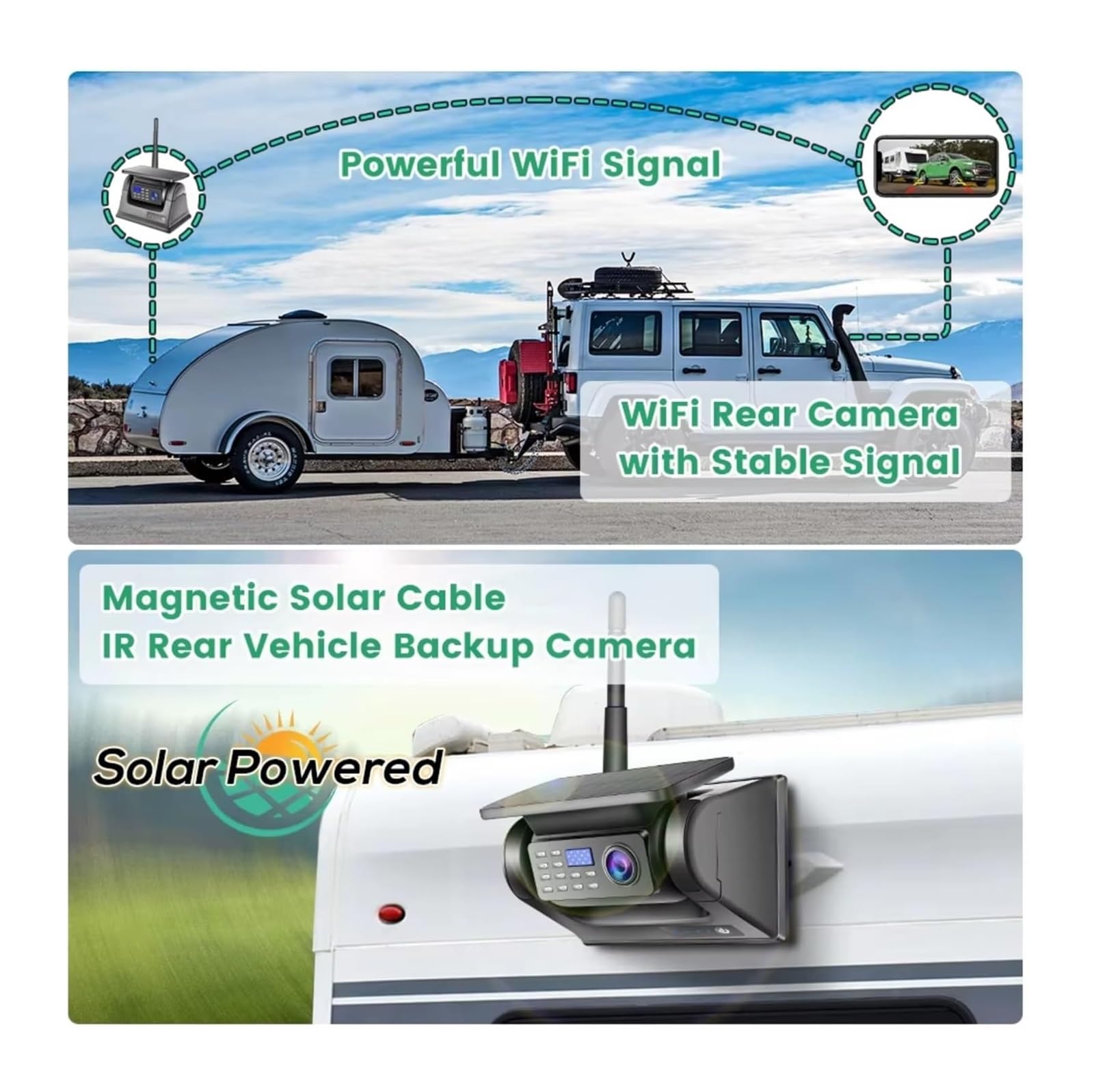 Cámara Visión Trasera Inalámbrica Magnética Energía Solar WiFi 5G para Remolques Autocaravanas Nocturna por Infrarrojos 1080p Cámara de Respaldo