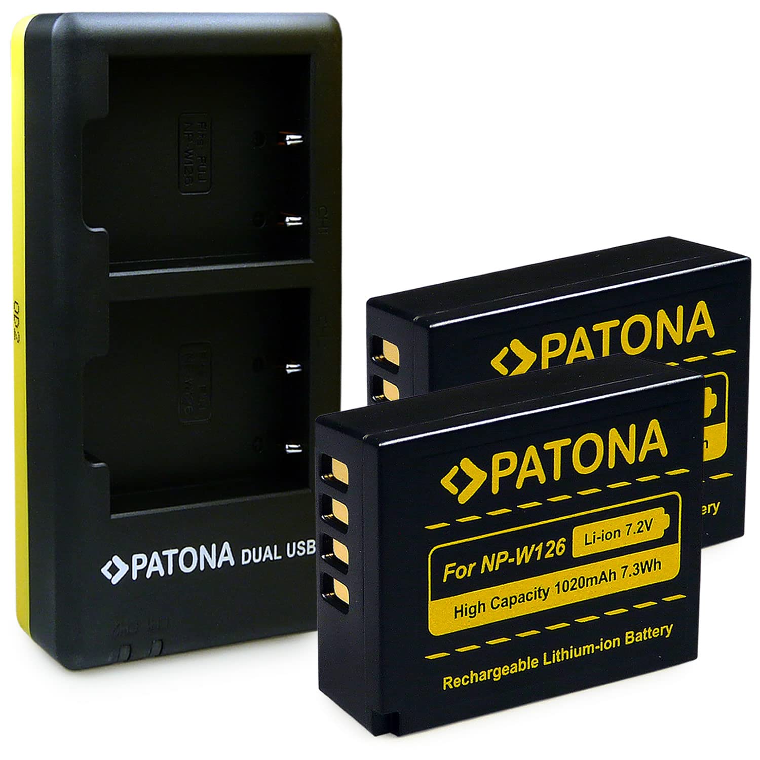 PATONA CARICATORE DOPPIO + 2x Batteria NPW126 NP-W126 CARICABATTERIA NP W126 compatibile con Fujifilm X-M5 X-M1 X100F X100VI X-S10 X-T20 X-T30 II X-T5 X-T50 XA1 XA2 XA3 XA5