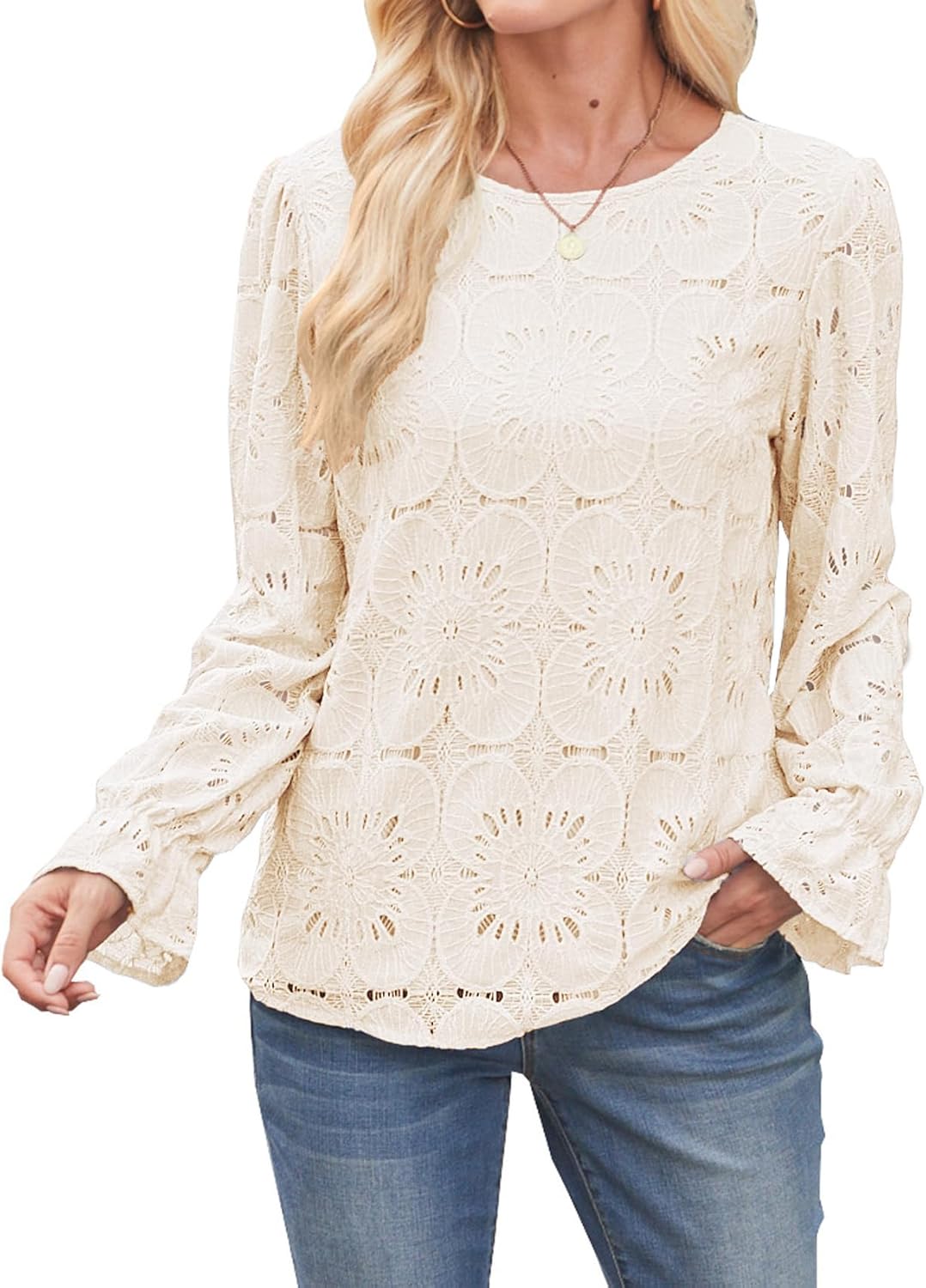 Halife Womens Blouses Eyelet Lace Dressy Elegant Long Sleeve Embroidered Tops Fall Fashion Clothes - Image 4