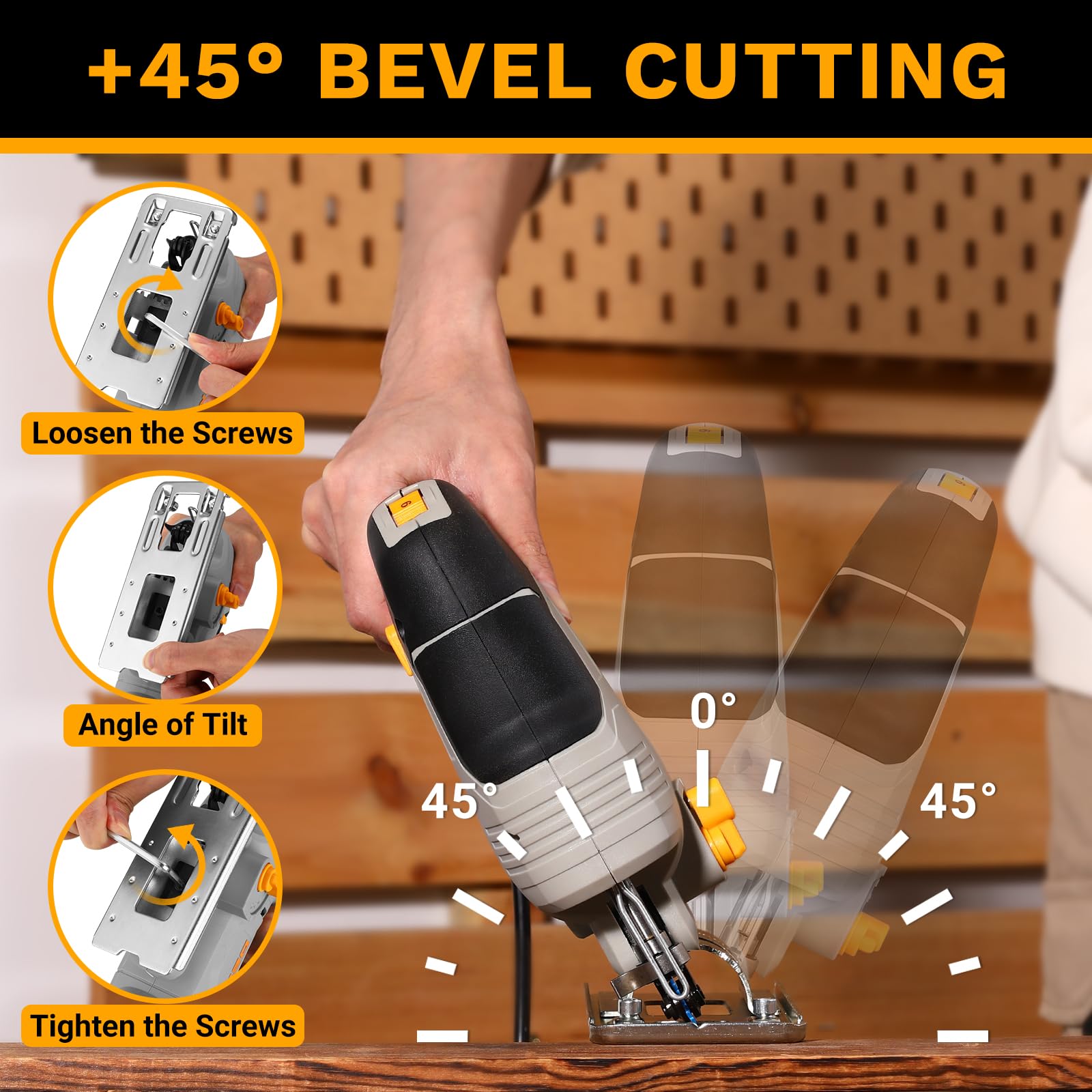 Seghetto Alternativo Elettrico: DEKOPRO 550W Seghetto per Legno con 6 Velocità Variabili da 800 a 3000 Tagli al Minuto, con Luce LED, Taglio Inclinato ±45° e 8 Lame per Legno, Metallo e Plastica