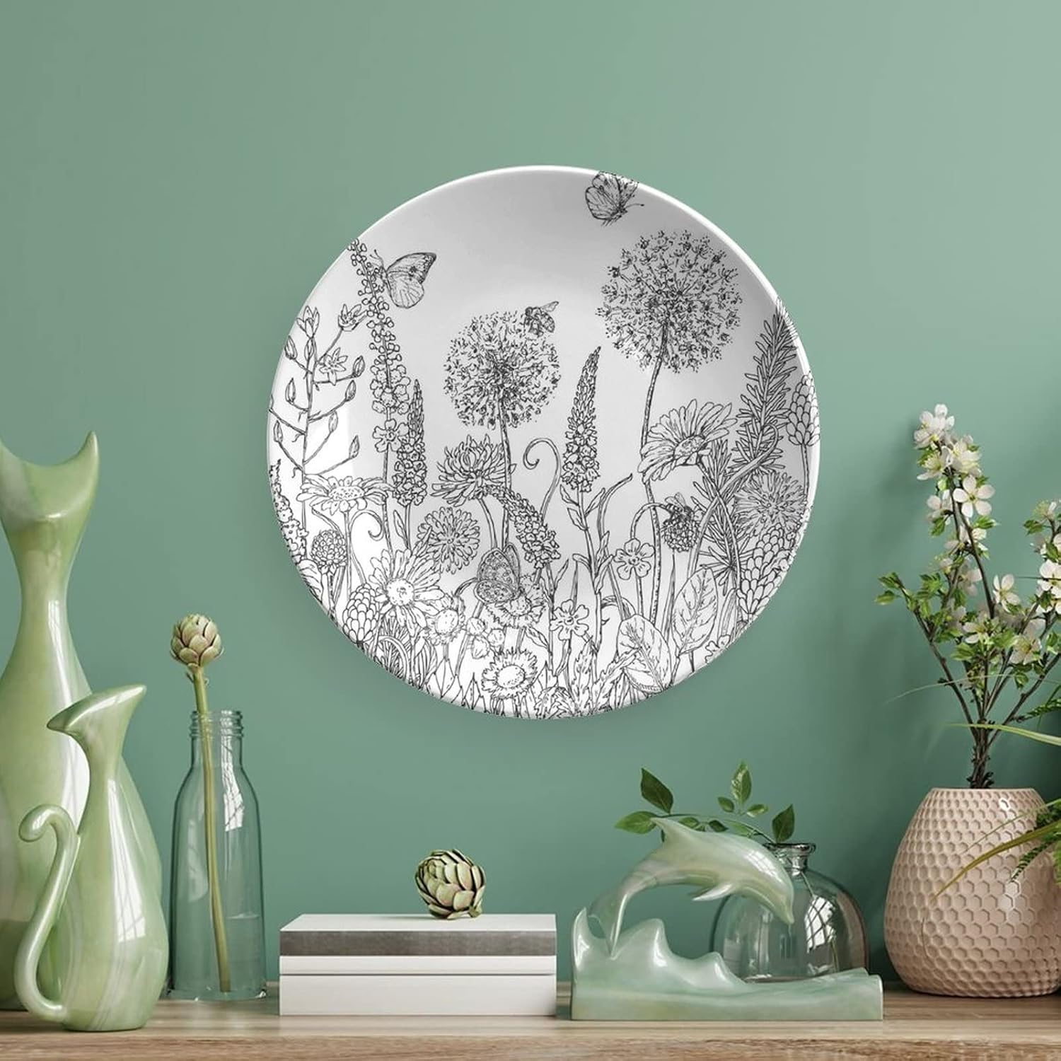 8 Inch Decorative Plate, Floral Tableware Plate, Hand Drawn Garden Various Flowers Leaves Grass Print Ornament Display Plate for Dining Table Setting, Wedding Decorations, Christmas Tablescape