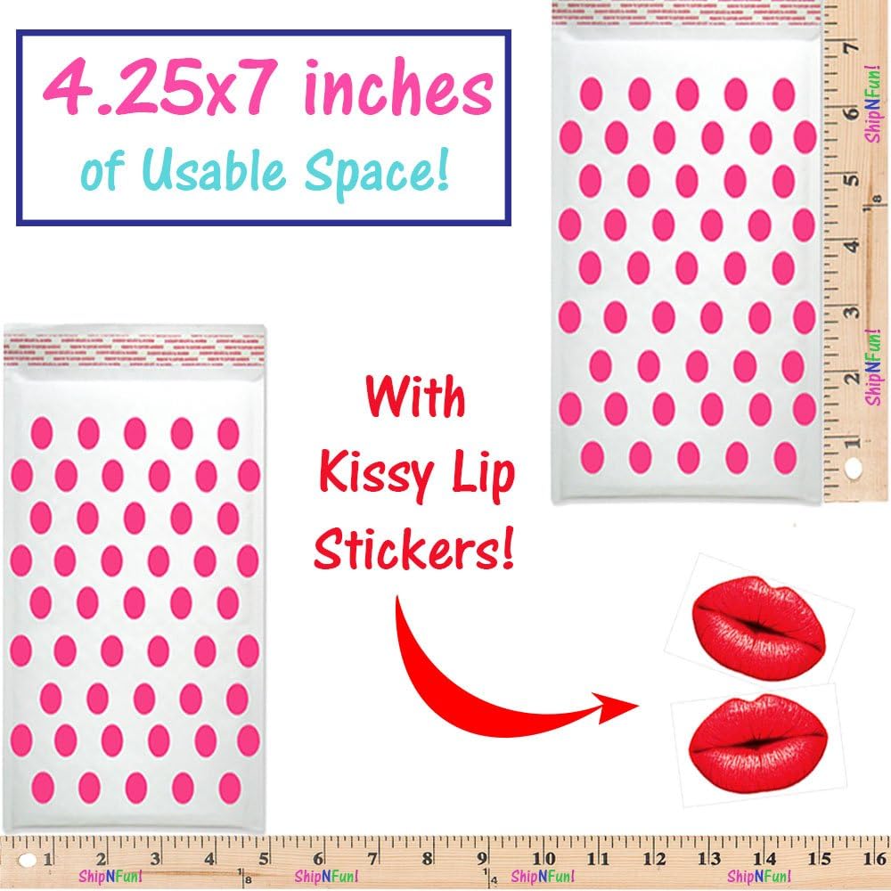 4x8 Hot Pink, Aqua, Pink Polka Dot Kraft Bubble Mailers, Self Sealing With Kissy Lip Stickers, Padded Shipping Envelopes, Pack of 50 (Pink Polka Dot)