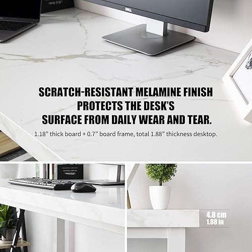 Miniatura 6 de TOPSKY Escritorio grande de oficina para computadora de 59 pulgadas, escritorio de 1.88 pulgadas de grosor (textura de mármol blanco) Blanco (White