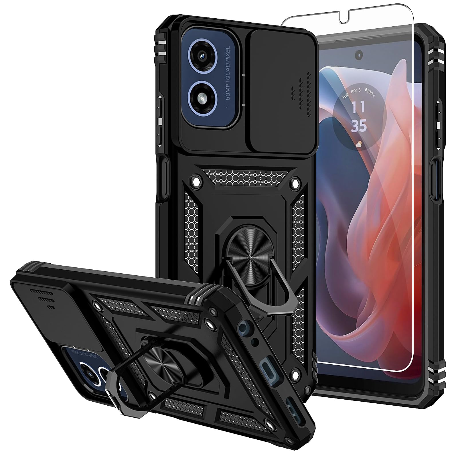 SKMY for Moto G 5G 2024 Case,with Screen Protectors and Camera Cover,[Military Grade] 16ft.Drop Tested Cover with Magnetic Kickstand Protective Case