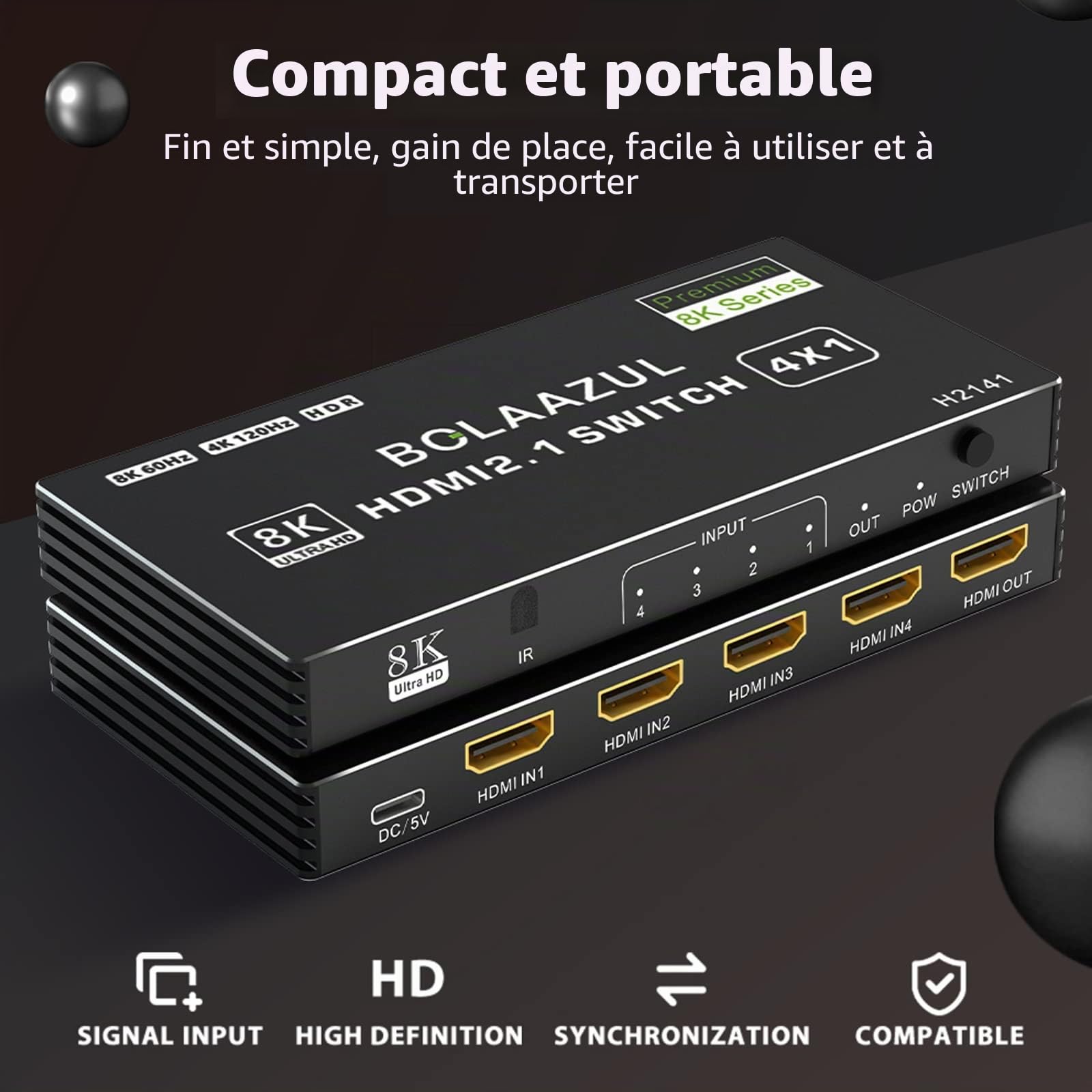 BolAAzuL Switch HDMI 4K 120Hz 4 Entrées 1 Sortie Commutateur HDMI 2.1 Multiprise HDM I 4 in 1 Out Splitter Switcher Hub avec Télécommande Supporte 8K@60Hz 2K@144Hz HDR 48Gbps pour TV Xbox Series X PS5