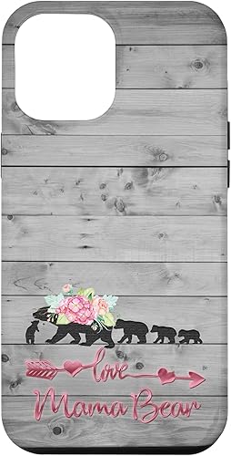 iPhone 12 Pro Max Rosa Floral Negro Mamá Oso Cuatro Cachorros en Vintage Gris Rústico Caso