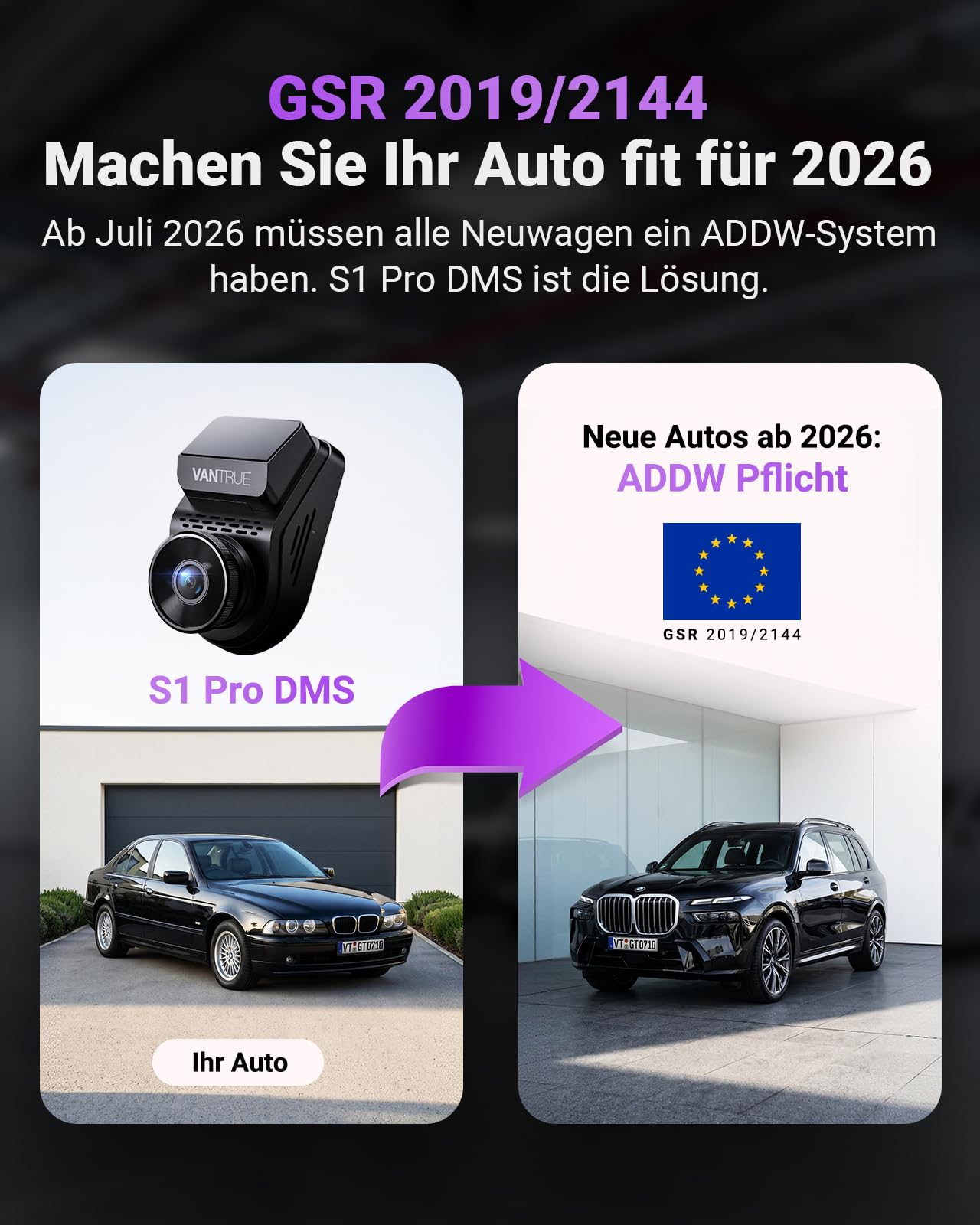 VANTRUE S1 Pro DMS 2,7k Dashcam Vorne Innen 1944P+1080P, Auto Kamera 60FPS STARVIS 2 Nachtsicht, 5GHz WLAN GPS, ADAS und DMS AI Systeme, 24H Parküberwachung, G-Sensor, Loop-Aufnahme, DSGVO konform