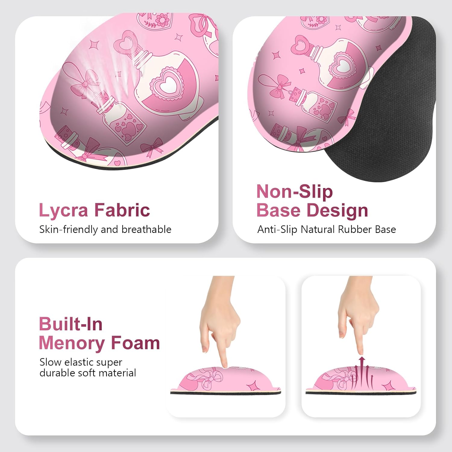 Desk Mat Pad, Gaming Mouse Pad Wrist Support Set, 4 in1 Non-Slip XXL Large Mousepad + Ergonomic Keyboard Wrist Rest+Mouse Wrist Rest+Coaster for Home Office Computer I Pink Kawaii Bow Bottle