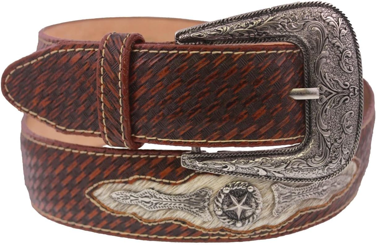 El Presidente Mens Cognac Ranger Cowboy Leather Belt Concho Silver Buckle